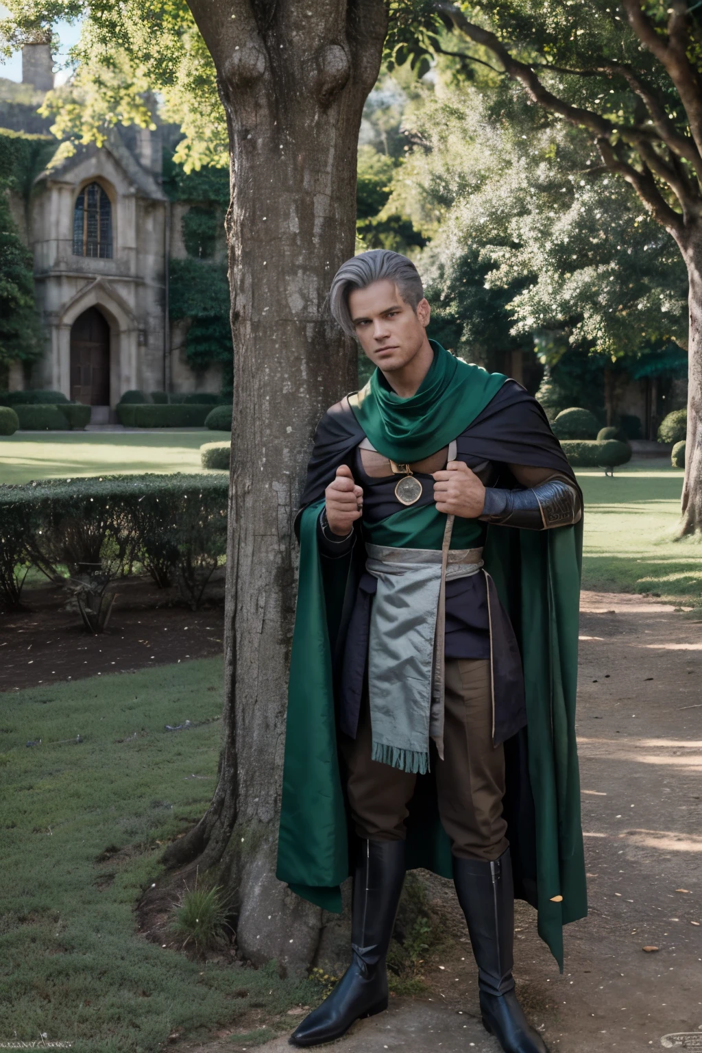 Atue como um desenhista animador e crie uma imagem.
A imagem mostra Trunks, do universo de Dragon Ball, vestindo o uniforme da Sonserina de Hogwarts. He is standing, with a black cape with green details and a green and silver striped scarf wrapped around the neck. Trunks is holding a magic wand in his right hand, while looking curiously at the camera, com um sorriso leve no rosto. Ao fundo, there is a landscape that resembles the grounds of Hogwarts, with imposing towers and lush trees.