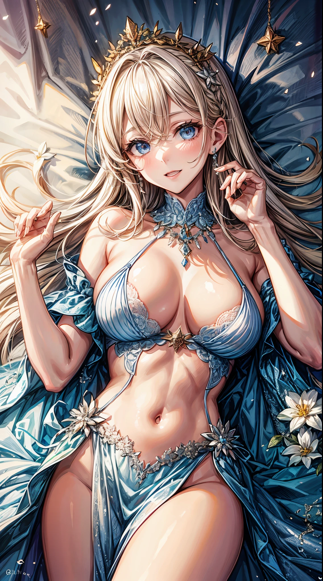 masterpiece,highest quality,Ultra high definition,helene, blonde hair, blue eyes, fair skin, white chiton, flower crown, pearl necklace,Elegant posture,smile, Lying down