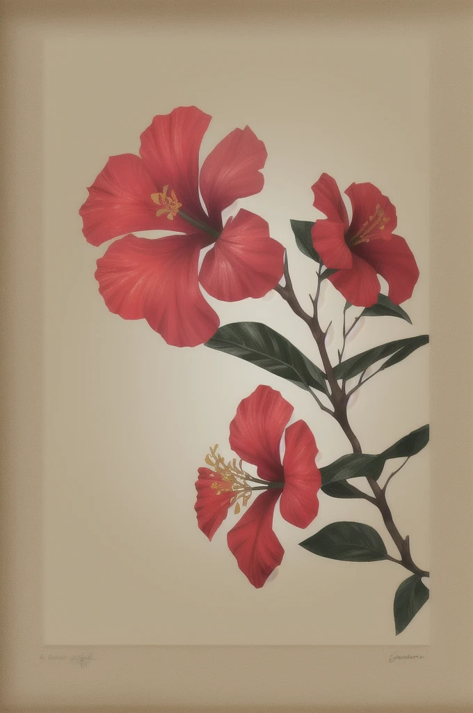 hibiscus flower blooming on a gnarled branch against a grey background, simple background, in the style of light orange and light beige, minimalist images, photography installations, paleocore, green and crimson, hyper-realistic, poetic intimacy