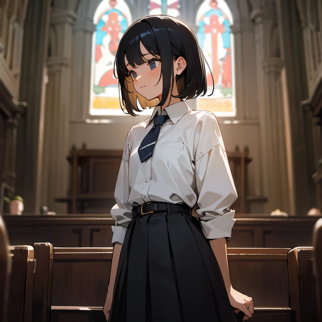 Cute, girl, moddest, white shirt, collared shirt, long skirt, belt, short black hair, church background