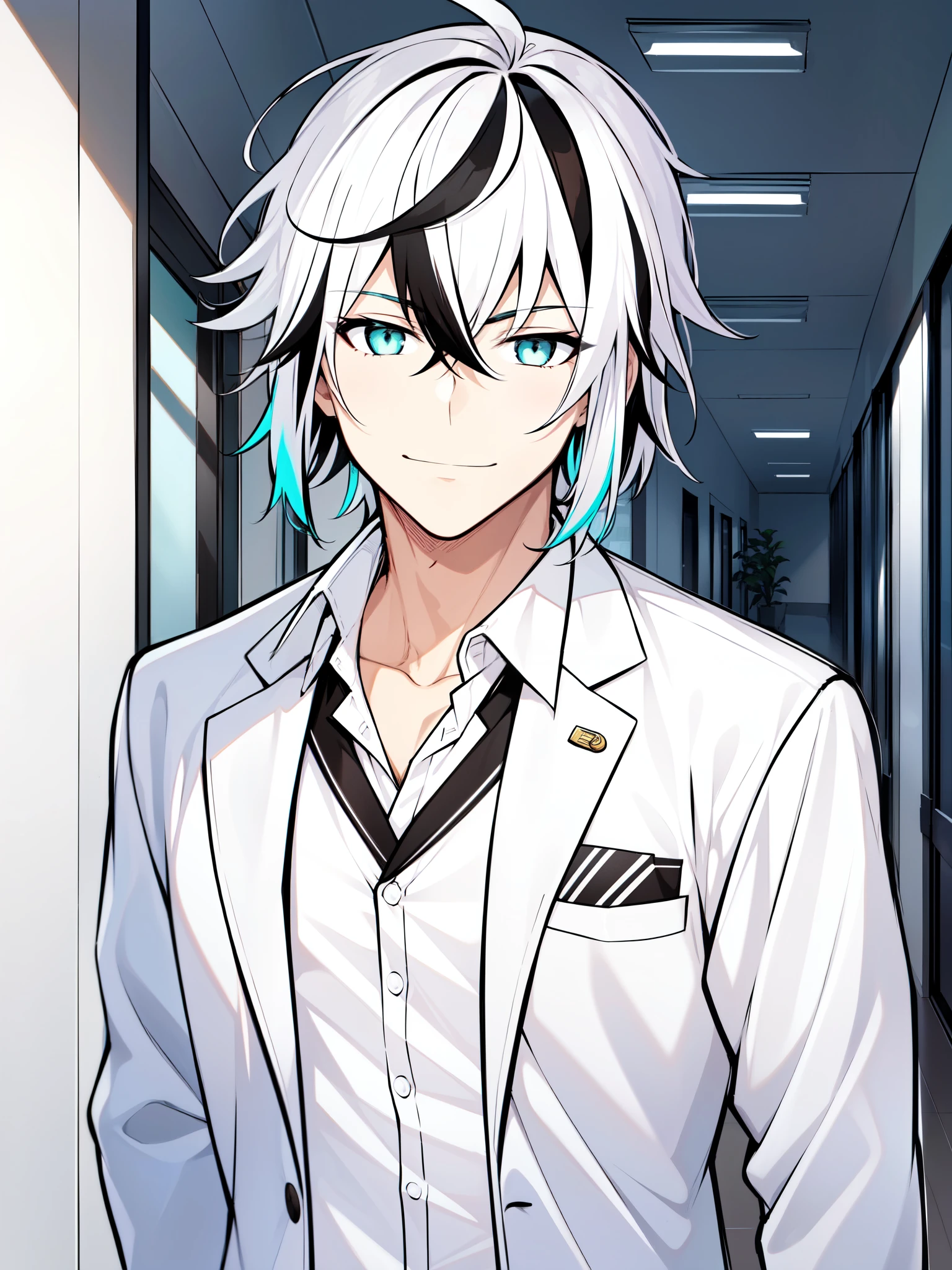 ((white hair)), ((multicolored hair)), ((school uniform)), ((complementary color)), ((toned)), ((school)), ((hallway)), ((masculine face)),  ((cheerful expression)), ((handsome)), ((light skin)),1boy, beautifully drawn, high resolution illustration, best quality, High definition, ((detailed anime sketch)), Masterpiece, (solo), absurdres, ((wild hairstyle)), detailed background, fine detail, male focus, HDR, ((short hair)),((close-up)), upper body, detailed, portrait
