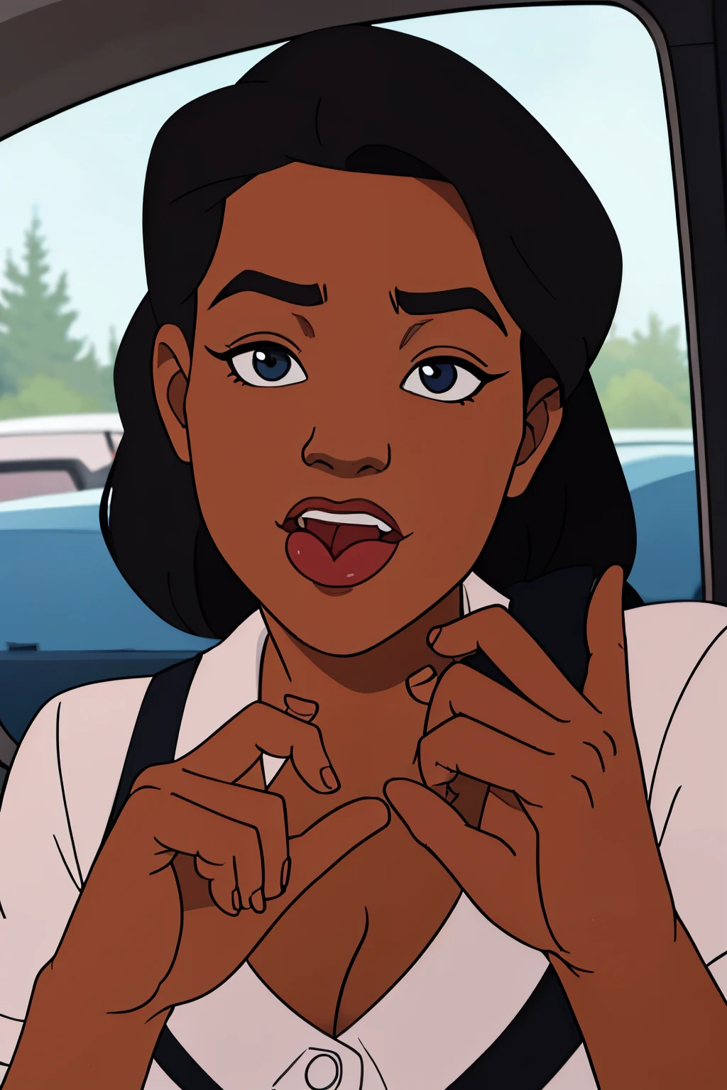 Black woman with a big bust sticking her head out a car and putting her tongue out and putting up the middle finger