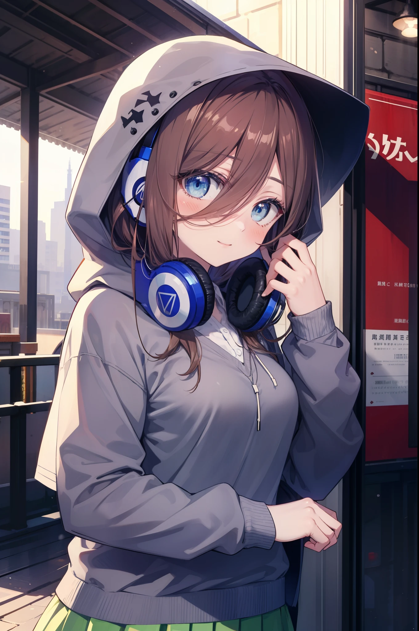 miku nakano, Nakano Miku Ticket III, long hair, bangs, blue eyes, brown hair, hair between eyes, blush,smile,Headphones around the neck,blue hoodie,wearing a hood,Green pleated skirt,gray pantyhose,short boots,I put my hand in my hoodie pocket.,sunrise,morning,morning日,
break outdoors, city,building street,
break looking at viewer, (cowboy shot:1.5), (Upper body:1.5),
break (masterpiece:1.2), highest quality, High resolution, unity 8k wallpaper, (shape:0.8), (fine and beautiful eyes:1.6), highly detailed face, perfect lighting, Very detailed CG, (perfect hands, perfect anatomy),