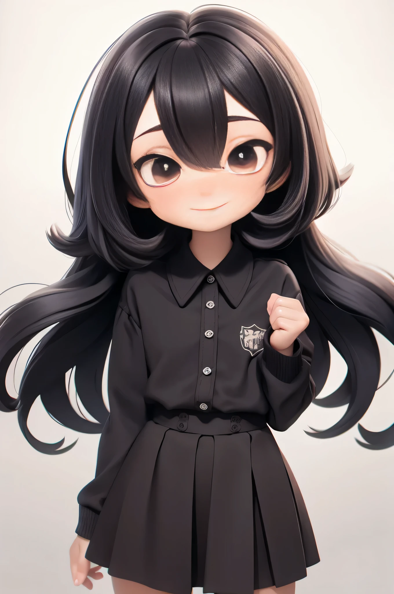 short hair, black hair, uniform, Cute face, gloomy eyes, whole body, teeth, white background