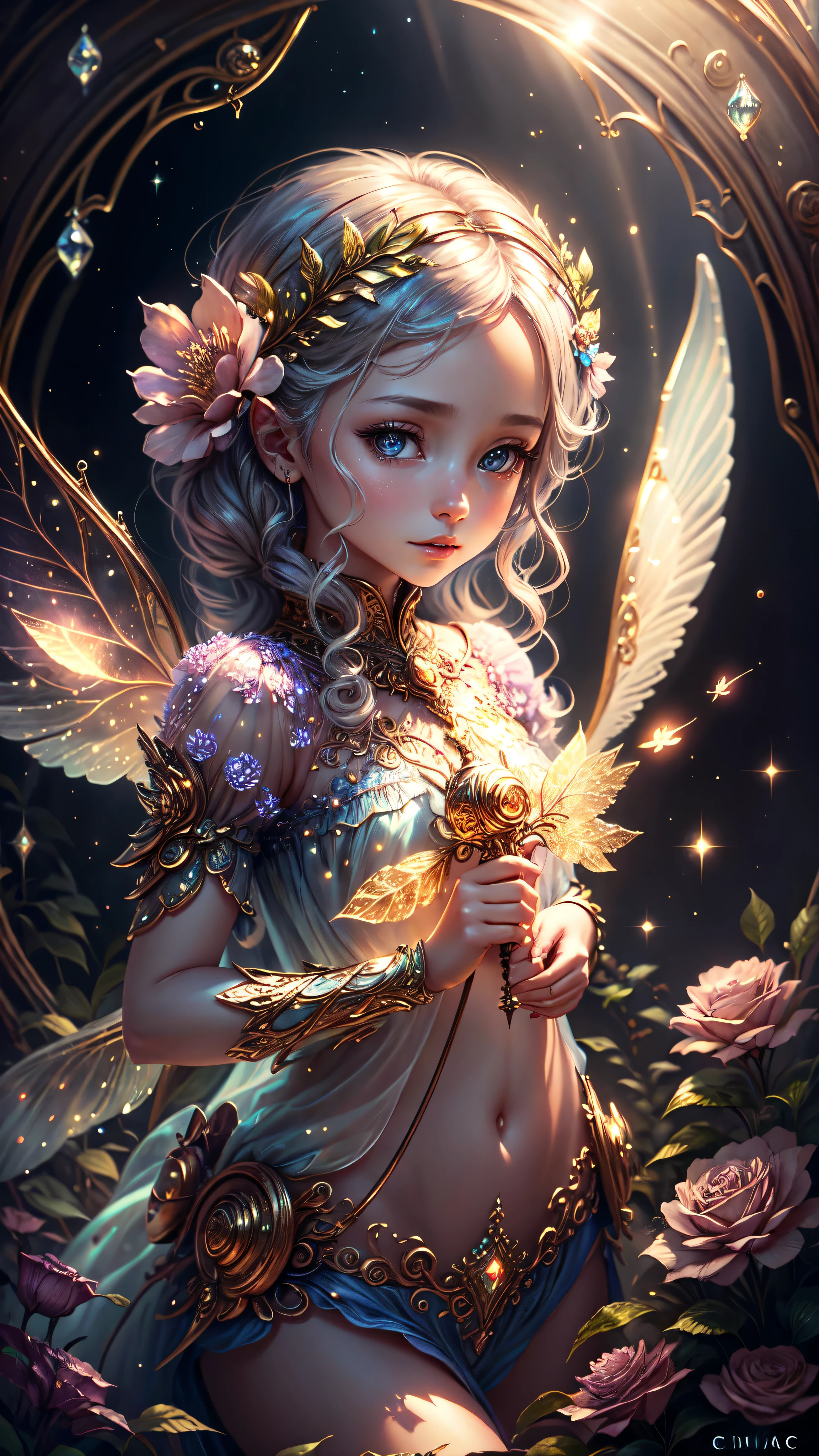 1 moon，Beautiful transparent flower fairy baby, detailed face, detailed eyes, detailed hands, Transparent colorful wings, The wand flutters in the wind､The wand flashed with starlight，Golden wand，Beautiful blue sky and white clouds、Girls have transparent wings､kindly smile､Beautiful garden background､Gentle and transparent，anatomy correct, Delicate pattern，Pink rose space, Soft lighting, ( Bokeh)，Masterpiece, Super detailed, Epic composition, Highest quality, 8K，Epic romantic fantasy digital art，Epic fairy tale fantasy digital art，Mythological fantasy，UHD resolution，Detailed detail drawing，realisticlying，Very realistic，cinmatic lighting,an award winning photograph,rich colours，hyper realistic lifelike texture，dramatic  lighting 