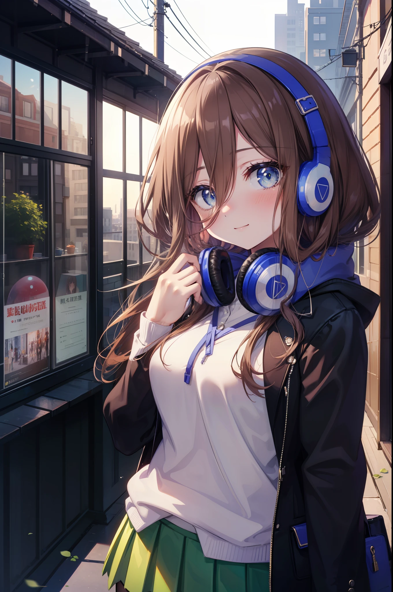 miku nakano, Nakano Miku Ticket III, long hair, bangs, blue eyes, brown hair, hair between eyes, blush,smile,Headphones around the neck1:1,blue hoodie,wearing a hood,Green pleated skirt,gray pantyhose,short boots,I put my hand in my hoodie pocket.,sunrise,morning,morning日,blow bubble gum, ピンクの風船ガム
break outdoors, city,building street,
break looking at viewer, (cowboy shot:1.5), (Upper body:1.5),
break (masterpiece:1.2), highest quality, High resolution, unity 8k wallpaper, (shape:0.8), (fine and beautiful eyes:1.6), highly detailed face, perfect lighting, Very detailed CG, (perfect hands, perfect anatomy),