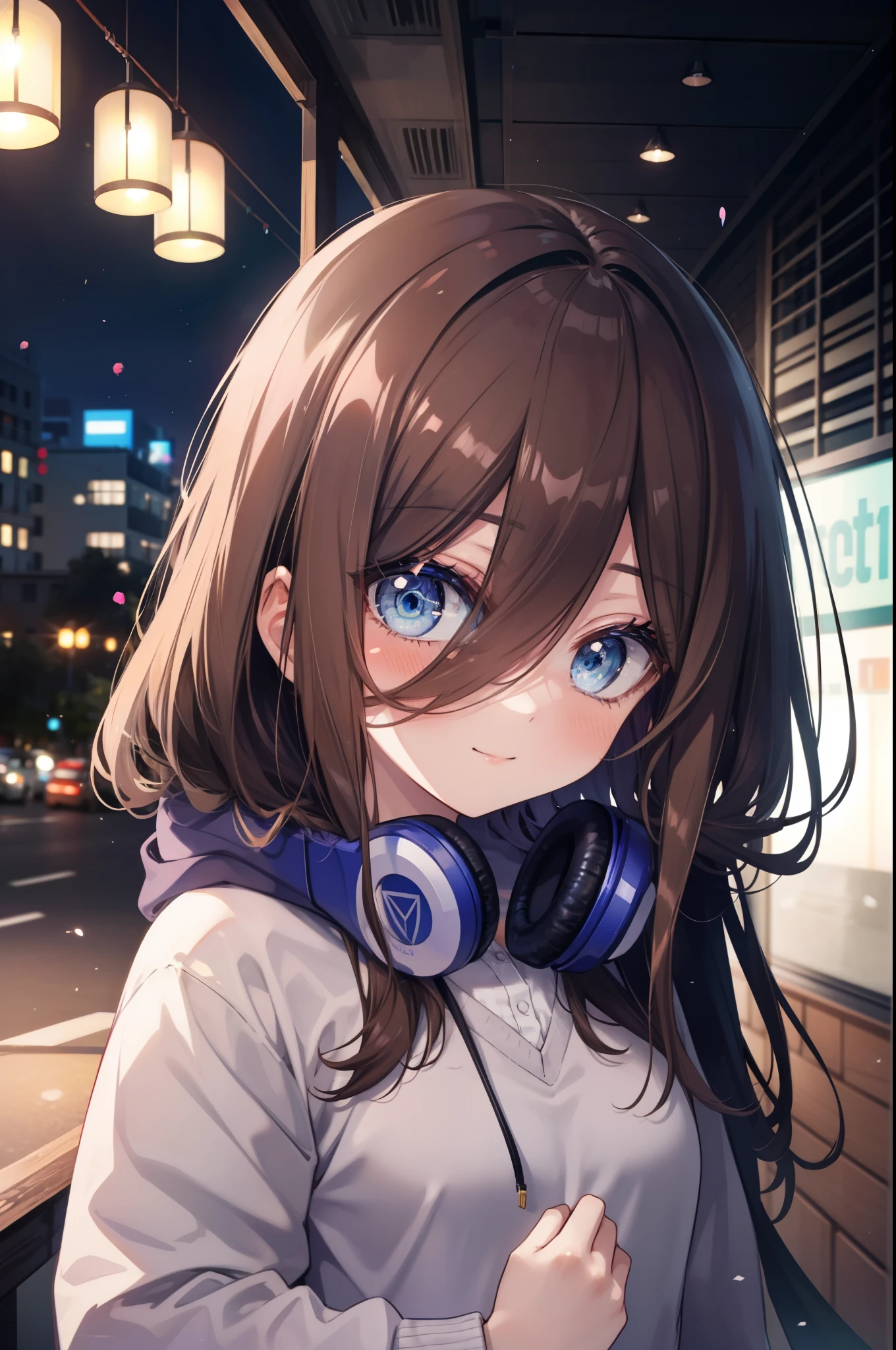 miku nakano, Nakano Miku Ticket III, long hair, bangs, blue eyes, brown hair, hair between eyes, blush,smile,Headphones around the neck1:1,blue hoodie,wearing a hood,Green pleated skirt,gray pantyhose,short boots,I put my hand in my hoodie pocket.,sunrise,morning,morning日,blow bubble gum, ピンクの風船ガム
break outdoors, city,building street,
break looking at viewer, (cowboy shot:1.5), (Upper body:1.5),
break (masterpiece:1.2), highest quality, High resolution, unity 8k wallpaper, (shape:0.8), (fine and beautiful eyes:1.6), highly detailed face, perfect lighting, Very detailed CG, (perfect hands, perfect anatomy),
