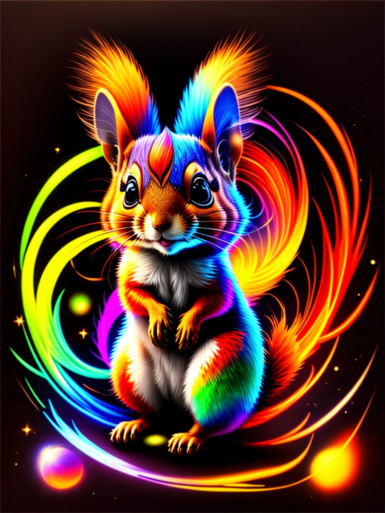 a painting of a colorful squirrel on a black background,, breathtaking rendering, within a radiant connection, inspired by Kinuko Y. Craft,, magical elements, kitten icon, wow, is beautiful, casting a multi colorful spell, bright flash, flash