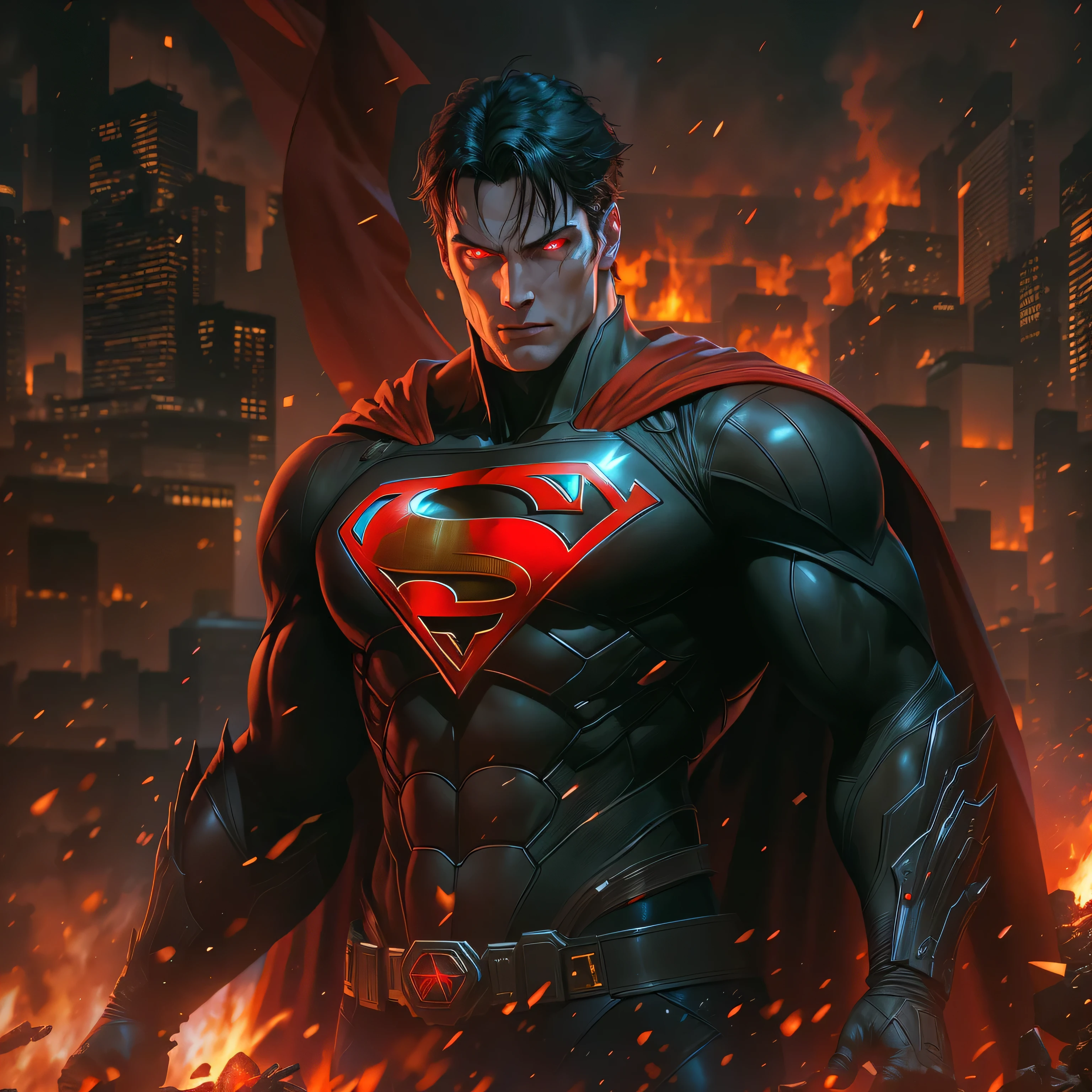Superman in dark knight costume in front of a fire, epic anime art, artgerm craig mullins, anime concept hdr anime macmanus, jin - roh, by Arthur Pan, antoine collignon, by Yang J, with bright red eyes, style of raymond swanland, artgerm and craig mullins, red son, dan mumford. 8k octane rendering