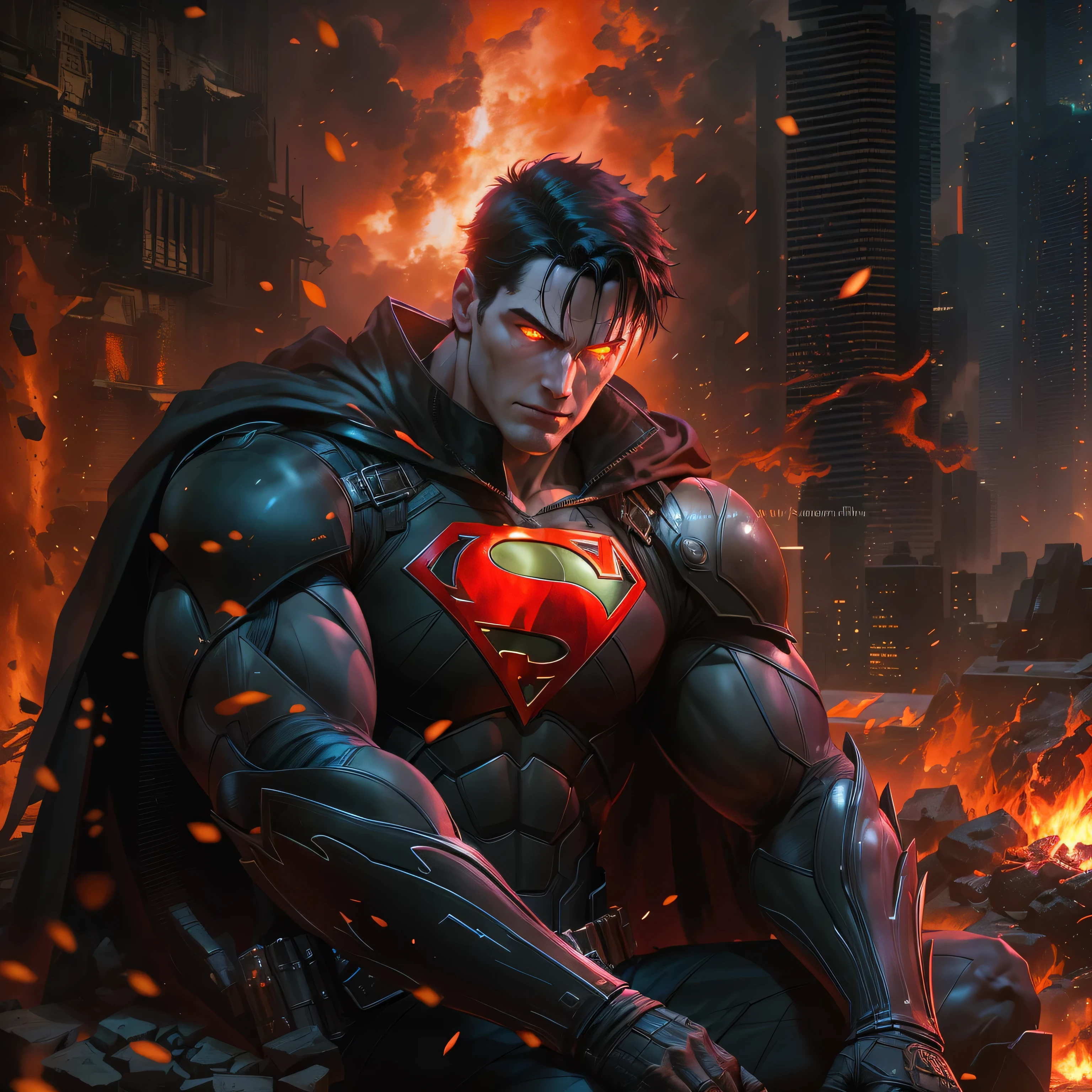 Superman in dark knight costume in front of a fire, epic anime art, artgerm craig mullins, anime concept hdr anime macmanus, jin - roh, by Arthur Pan, antoine collignon, by Yang J, with bright red eyes, style of raymond swanland, artgerm and craig mullins, red son, dan mumford. 8k octane rendering
