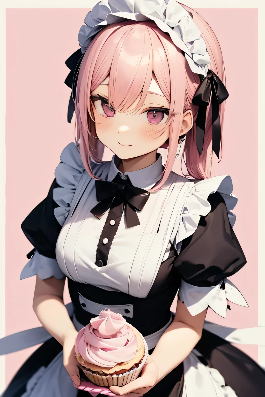 Kawaii maid rose blonde fille tenant un cupcake