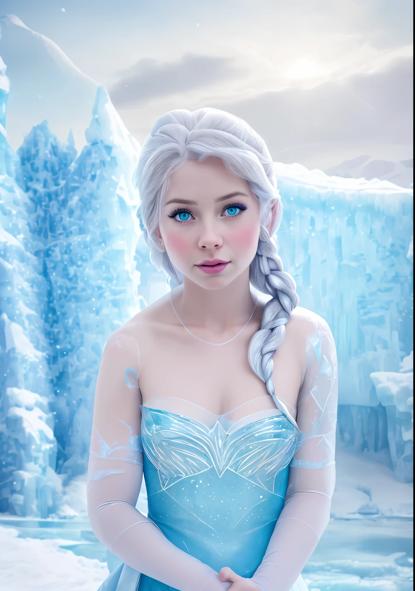 girl dressed as Elsa from the movie "cold heart", Princess Elsa, blue ice clothes, against the backdrop of the ice palace and snow, magic