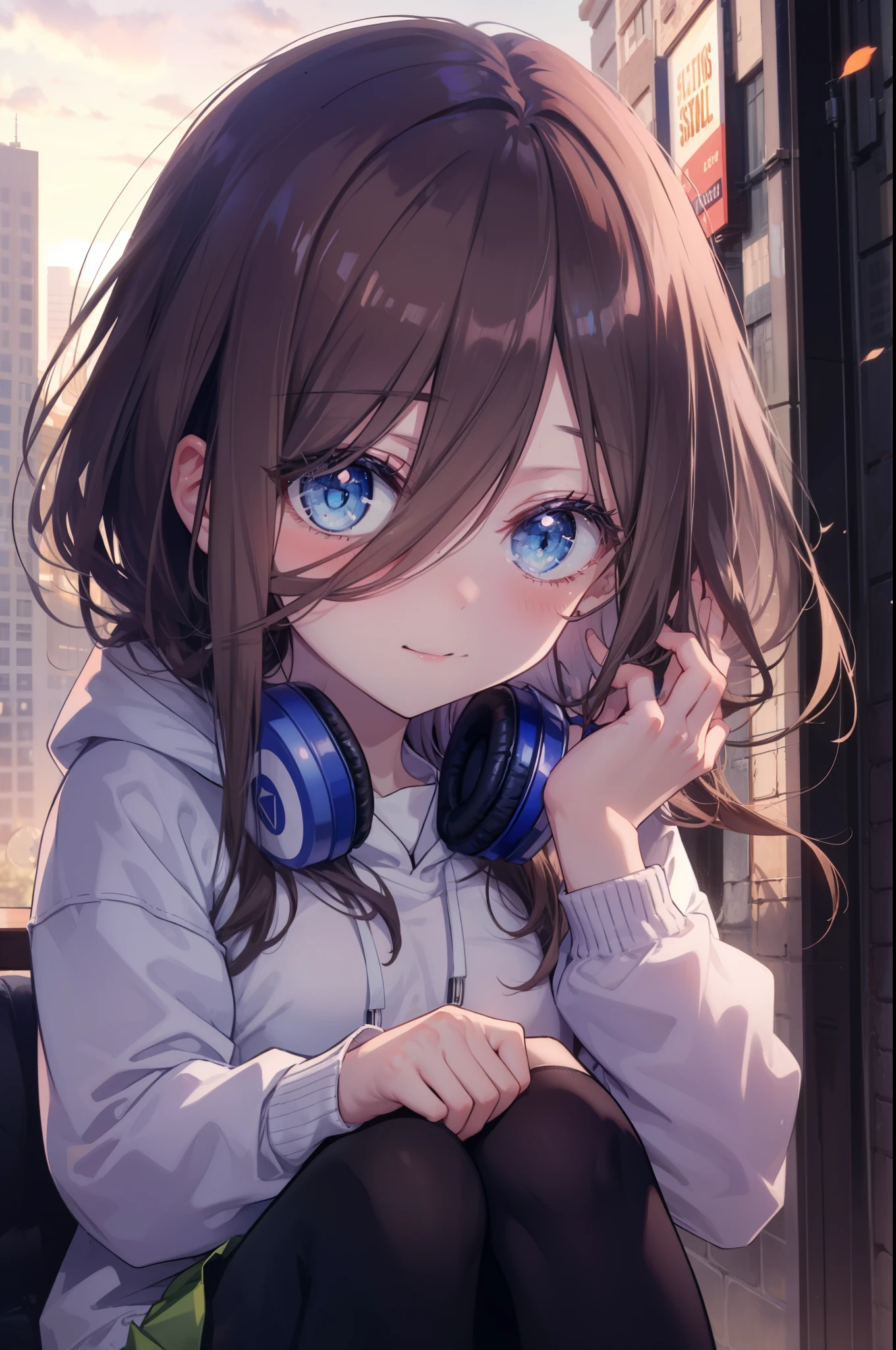 miku nakano, Nakano Miku Ticket III, long hair, bangs, blue eyes, brown hair, hair between eyes, blush,smile,Headphones around the neck1:1,blue hoodie,wearing a hood,Green pleated skirt,gray pantyhose,short boots,I put my hand in my hoodie pocket.,sunrise,morning,morning日,blow bubble gum, ピンクの風船ガム
break outdoors, city,building street,
break looking at viewer,
break (masterpiece:1.2), highest quality, High resolution, unity 8k wallpaper, (shape:0.8), (fine and beautiful eyes:1.6), highly detailed face, perfect lighting, Very detailed CG, (perfect hands, perfect anatomy),