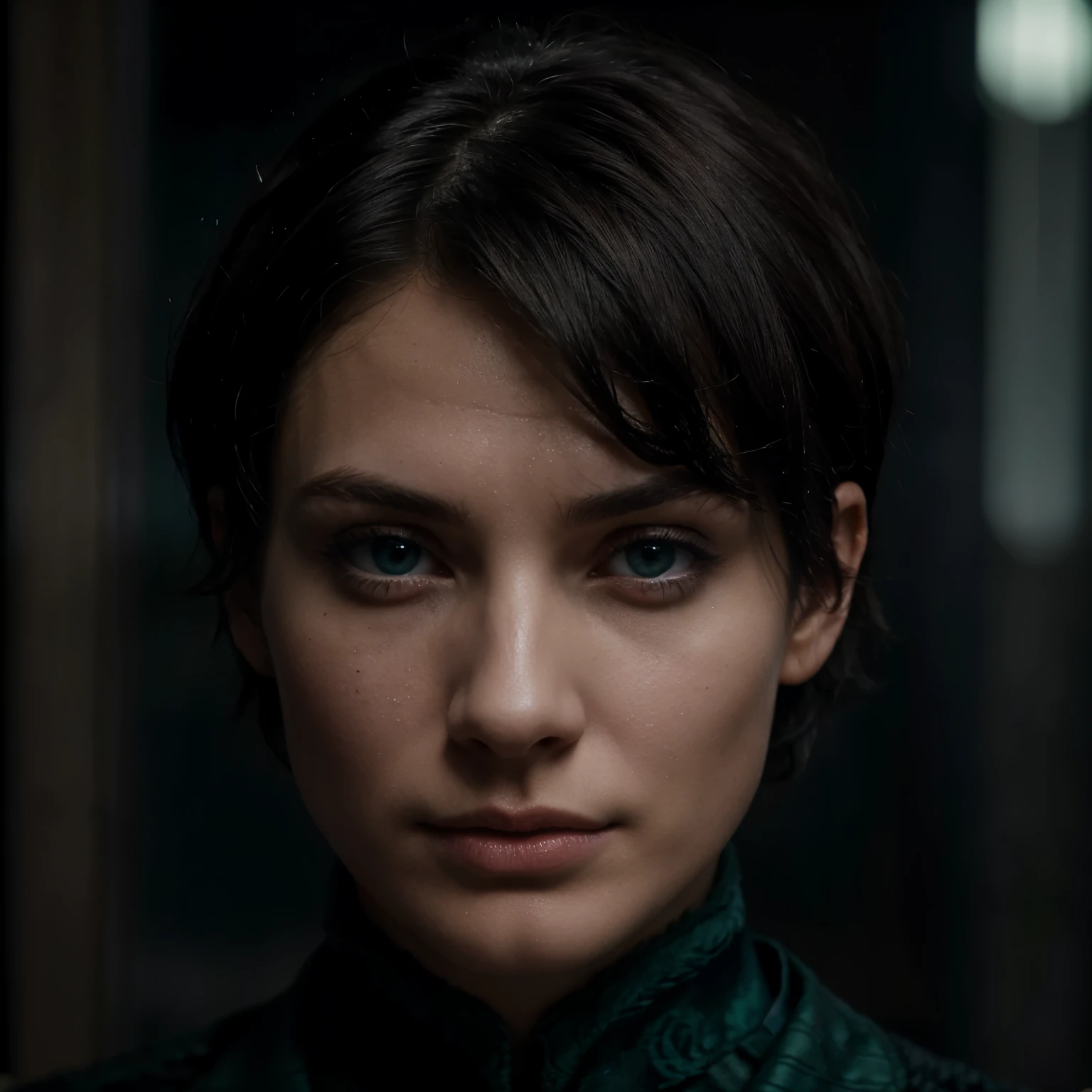 Best quality, Man, Blue eyes, dark, not very curly short hair, Straight nose, sharp cheekbones, Beautiful, in the form of Slytherin from Hogwarts