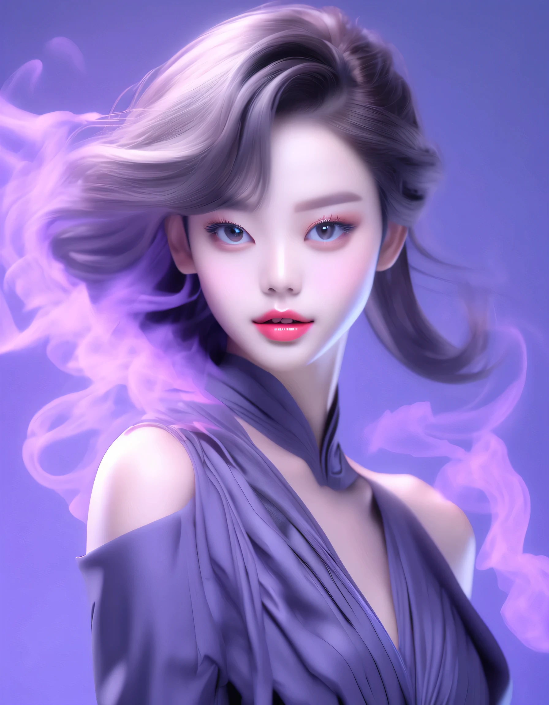 (best quality,4k,8k,highres,masterpiece:1.2),ultra-detailed,(realistic,photorealistic,photo-realistic:1.37),Asian model,purple and blue background,black clothes,portraits,vivid colors,studio lighting,beautiful detailed eyes,beautiful detailed lips,sharp focus,professional,physically-based rendering,long black hair,confident posture,intense gaze,dark makeup,subtle highlights,high cheekbones,purple backdrop with gradient blue,tasteful minimalism,strategically placed shadows,subtle color contrast,ethereal lighting effect,wisps of smoke swirling in the background,striking and captivating presence