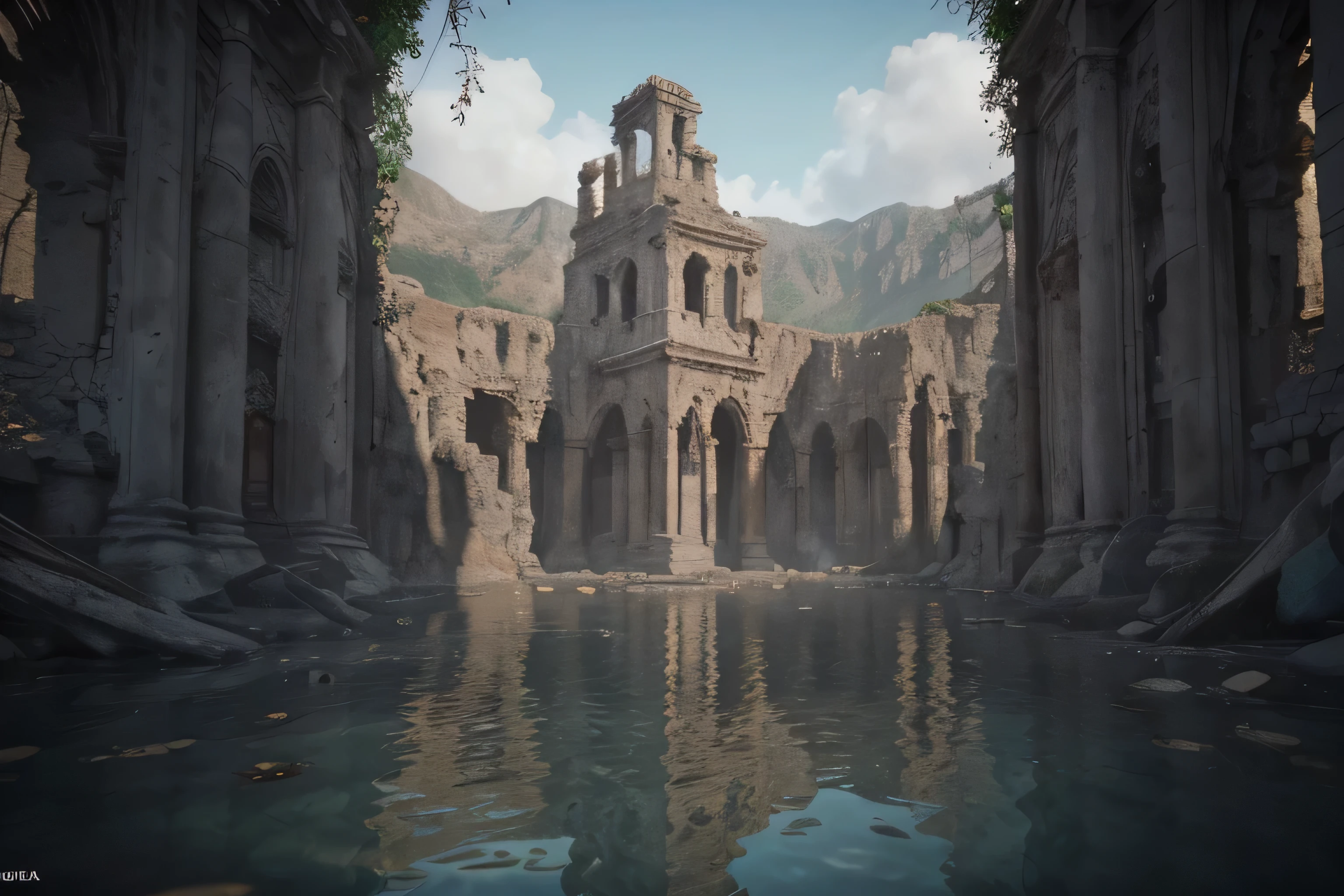 (8K, foto cruda, Mejor calidad, Obra maestra:1.2), (realista, photo-realista:1.37), renderizado de octanaje, Ultra high resolution, ultra detallado , Professional lighting, mapeo de fotones, radiosidad, physically based rendering, ue5, ((santuario de la isla)), ((ancient fallen kingdom)), ((reflejos en el agua)), ((trazado de rayos)), ((ciudad ahogada)), animales, plantas