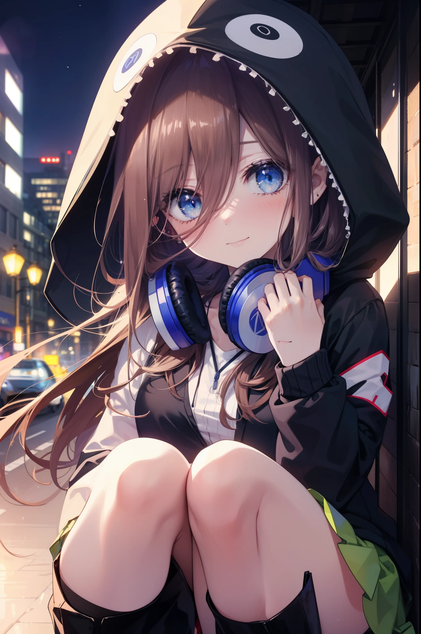 miku nakano, Nakano Miku Ticket III, long hair, bangs, blue eyes, brown hair, hair between eyes, blush,smile,Headphones around the neck1:1,blue hoodie,wearing a hood,Green pleated skirt,gray pantyhose,short boots,I put my hand in my hoodie pocket.,sunrise,morning,morning日,blow bubble gum, ピンクの風船ガム
break outdoors, city,building street,
break looking at viewer, 
break (masterpiece:1.2), highest quality, High resolution, unity 8k wallpaper, (shape:0.8), (fine and beautiful eyes:1.6), highly detailed face, perfect lighting, Very detailed CG, (perfect hands, perfect anatomy),