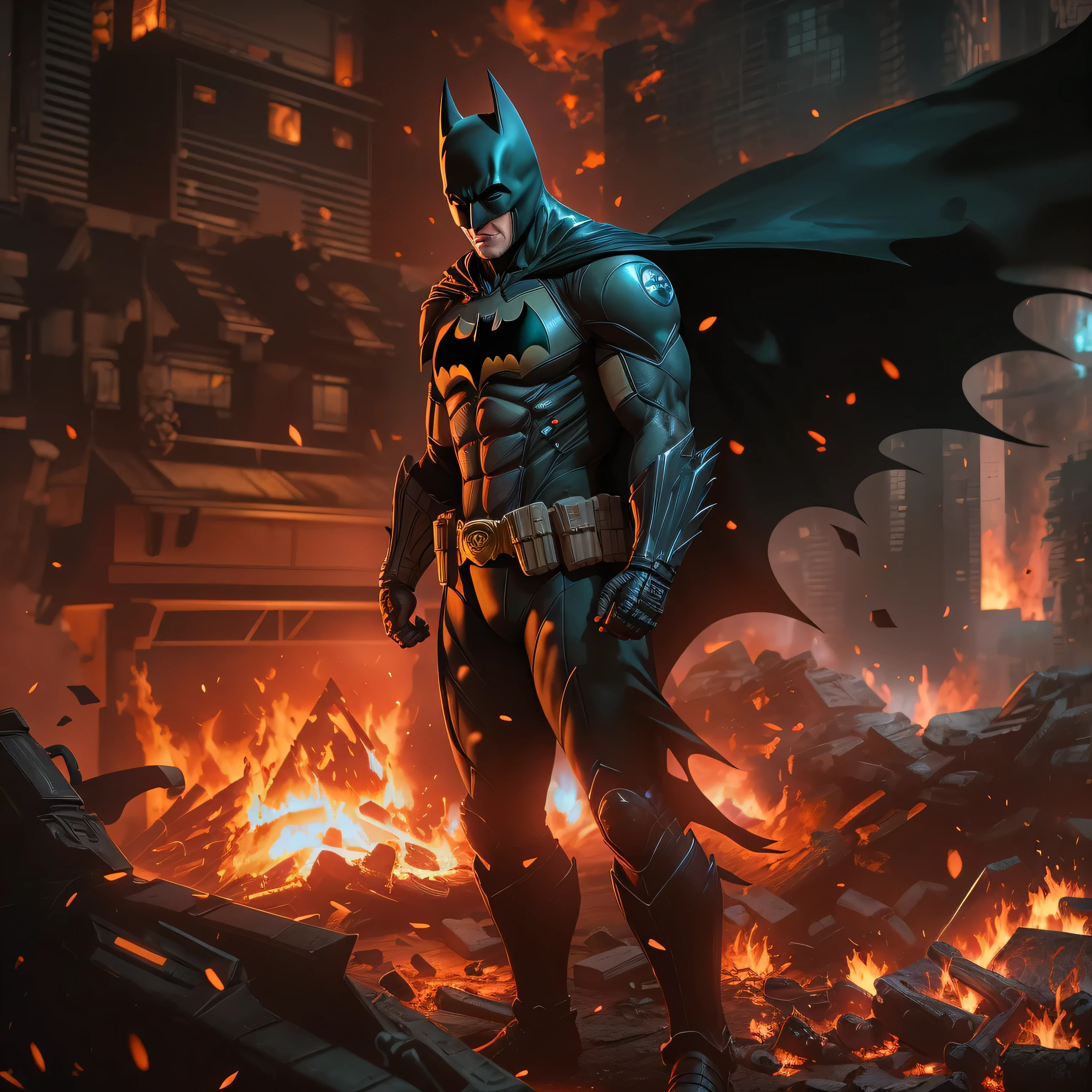 bATman in dark knight costume in front of a fire, epic anime art, artgerm craig mullins, anime concept hdr anime macmanus, jin - roh, by Arthur Pan, antoine collignon, by Yang J, with bright red eyes, style of raymond swanland, artgerm and craig mullins, red son, dan mumford. 8k octane rendering