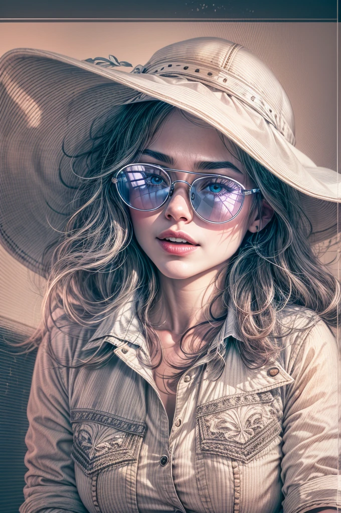 (illustration:1.3),Line drawings, 1 beautiful woman in jeans, Lunette de soleil，sunhat， Best quality, Detailed details, Masterpiece, offcial art, Cinematic lighting effects, 4K,