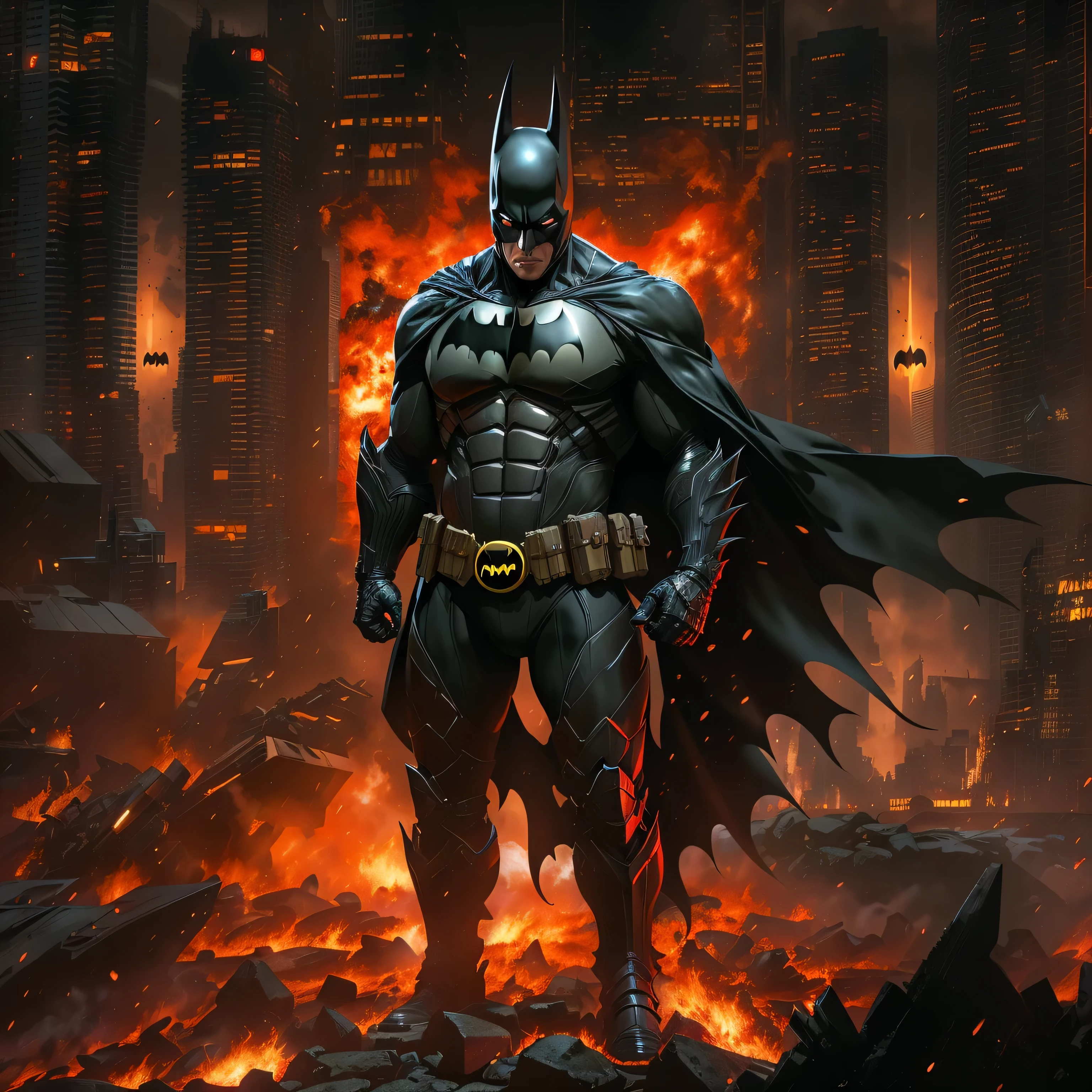 bATman in dark knight costume in front of a fire, epic anime art, artgerm craig mullins, anime concept hdr anime macmanus, jin - roh, by Arthur Pan, antoine collignon, by Yang J, with bright red eyes, style of raymond swanland, artgerm and craig mullins, red son, dan mumford. 8k octane rendering