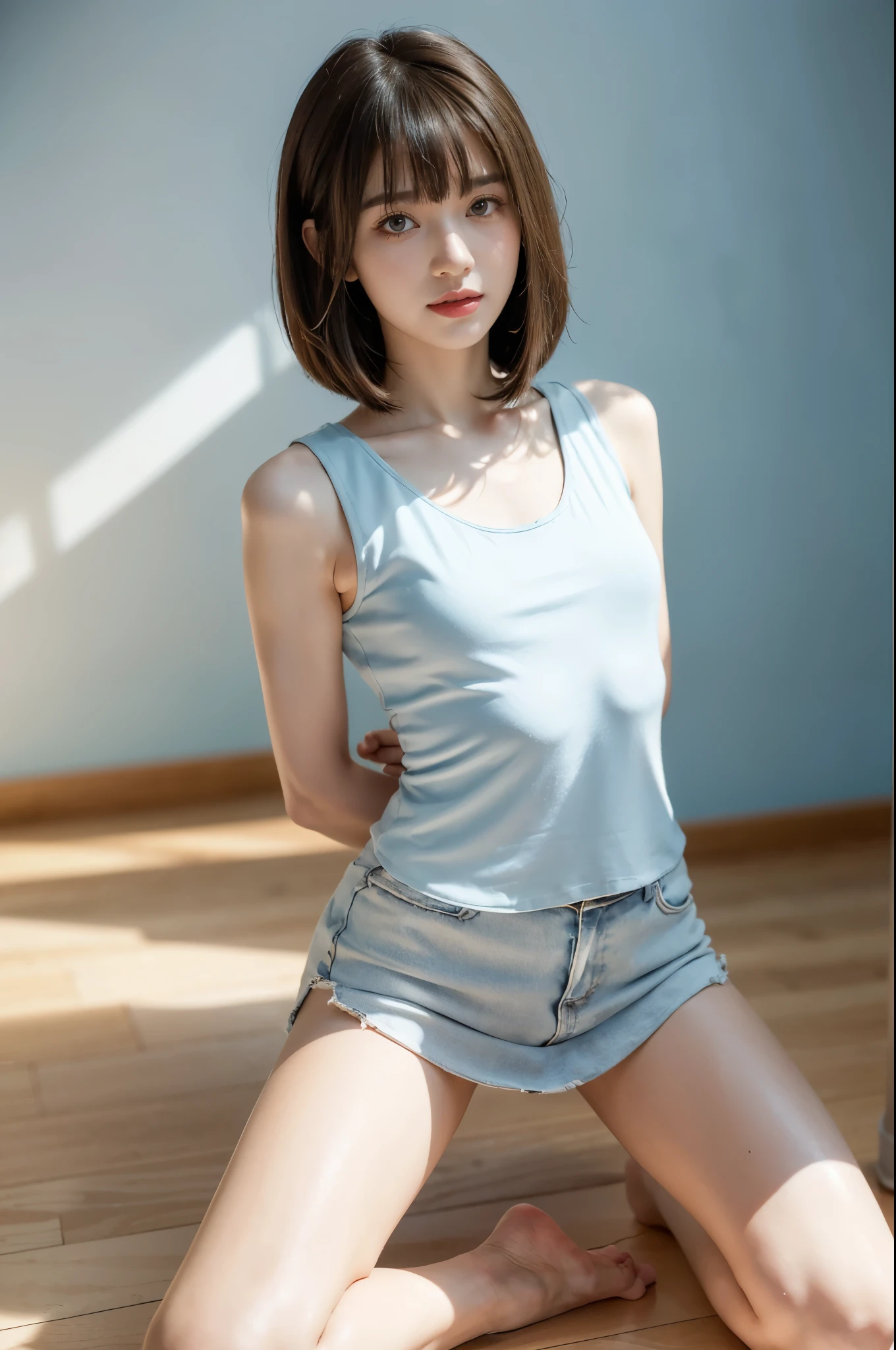 ((((8k))),((Extremely meticulous CG)) ,(wallpaper),16k,((Extremely refined and beautiful)),(((Masterpiece))),(((best qualtiy))),(((Ultra High Resolution))),beautiful light up,Perfect lightning,realistic shaded,((high resolution)),(Smooth and flawless fair skin:1.5),(pale skin:1.3),(Extremely exquisite facial details:1.2),(perfect body:1.1),(ultra-detailed),((A beautiful girl,solo)),(small head:1.2),(shoulder length straight bob hair:1.2),(half-up ponytail:1.2),(thick bangs:1.5),(small face:1.2),(baby face:1.3),(Exquisite makeup:1.2),(small breasts:1.2),(flat chests:1.2),((slim,thin)),happy,(laughing:1.2),(light blue tank top:1.5),(short sleeve:1.2),(maxi white skirt:1.3),(White sandals:1.2),(day scene:1.5),(indoor:1.2),(In a hair salon:1.5),(detailed hair salon background:1.5),(kneeling on the floor:1.3),(spread legs apart:1.3),(arms behind back:1.3),(full body:1.2),(from front:1.2),(Super high saturation,bright and vivid colors:1.3),