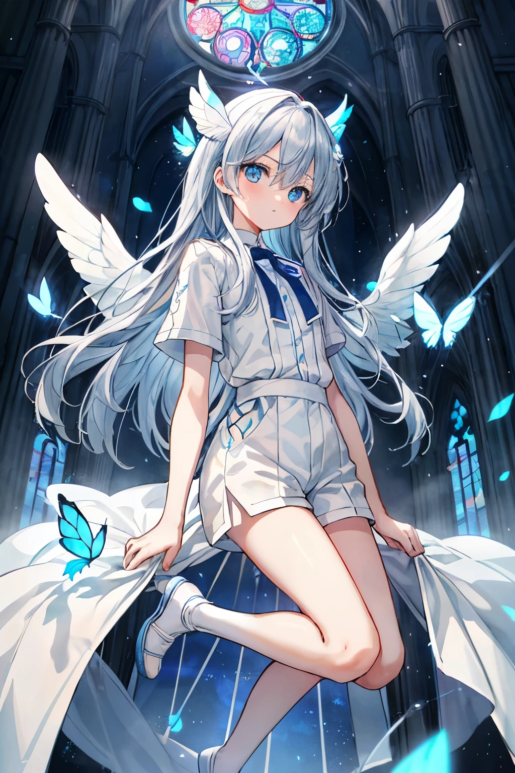 highest quality、detailed face、detailed costumes、detailed background、man solo、teenage boy、Masseter muscle part、long gray hair、horizontal hair、light blue eyes、watch here、close your mouth、golden ratio face、full body esbian、8K high resolution、highest quality、Two pairs of angel wings sprouting from his back、light blue petals、light leak blur effect、particles of light、White shorts、white shorts、White collar short sleeve shirt、light blue ribbon、White Lily、Drawn eyes、fine eyes、delicate fingers and hands、Inner part of a cathedral、stained glass window、illuminated by a spotlight、god々々right、Light blue butterfly、dream-like、delicate hair