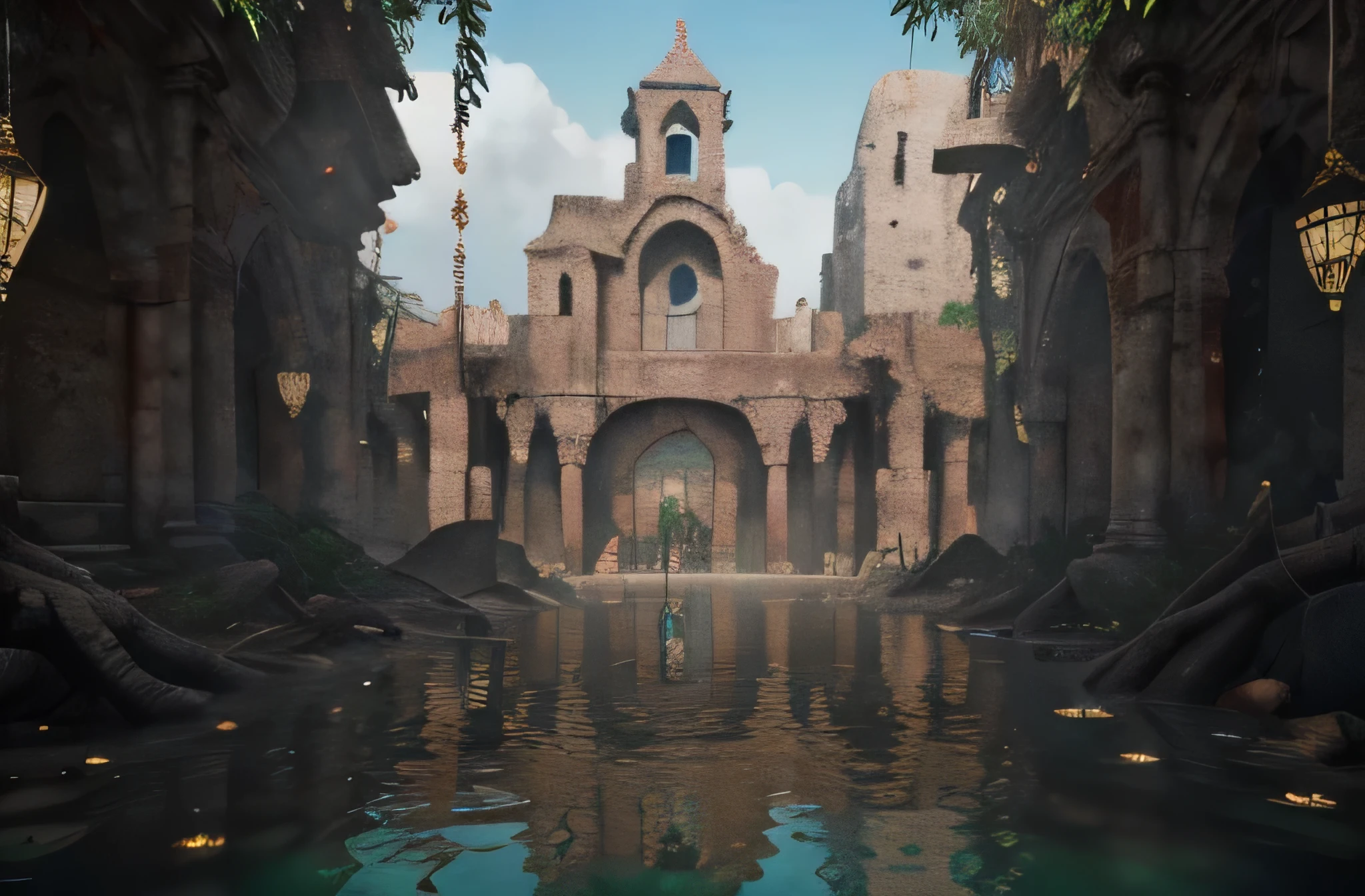 (8K, foto cruda, Mejor calidad, Obra maestra:1.2), (realista, photo-realista:1.37), renderizado de octanaje, Ultra high resolution, ultra detallado , Professional lighting, mapeo de fotones, radiosidad, physically based rendering, ue5, ((santuario de la isla)), ((ancient fallen kingdom)), ((reflejos en el agua)), ((trazado de rayos)), ((ciudad ahogada)), animales, plantas