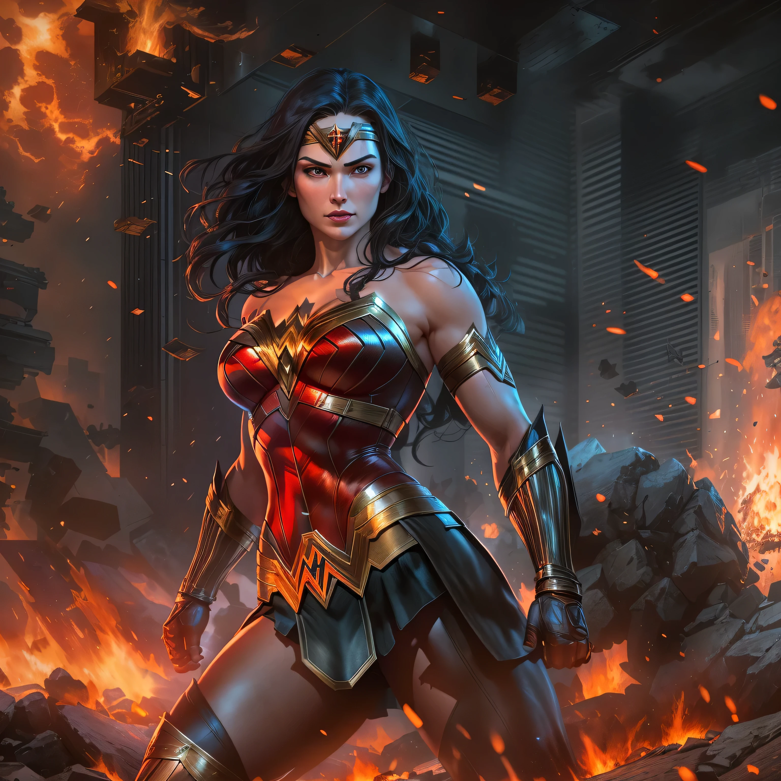 Wonder Woman in dark knight costume in front of a fire, epic anime art, artgerm craig mullins, anime concept hdr anime macmanus, jin - roh, by Arthur Pan, antoine collignon, by Yang J, with bright red eyes, style of raymond swanland, artgerm and craig mullins, red son, dan mumford. 8k octane rendering