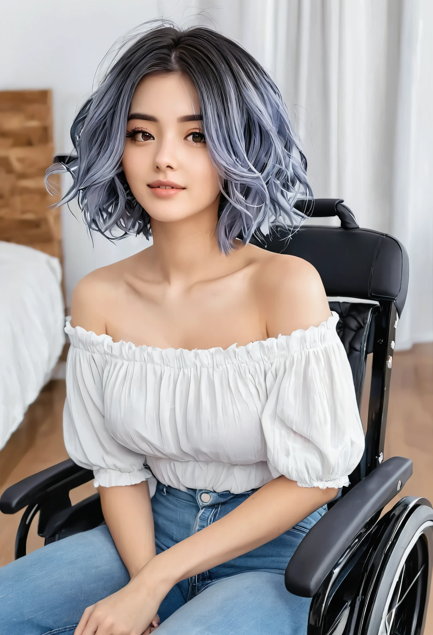 Mulher deitada em uma cadeira de rodas, cabelo curto, estilo anime