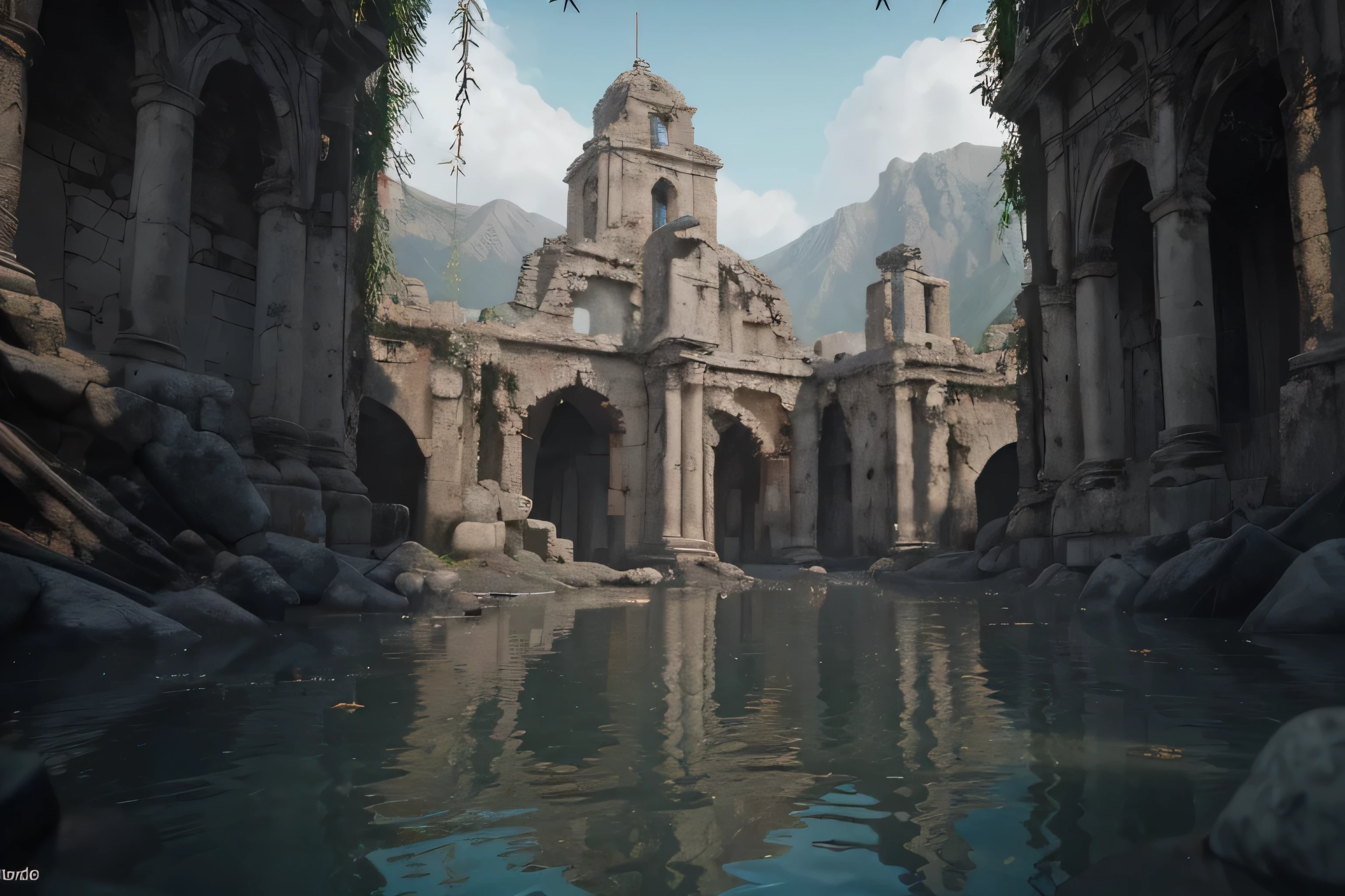 (8K, foto cruda, Mejor calidad, Obra maestra:1.2), (realista, photo-realista:1.37), renderizado de octanaje, Ultra high resolution, ultra detallado , Professional lighting, mapeo de fotones, radiosidad, physically based rendering, ue5, ((santuario de la isla)), ((ancient fallen kingdom)), ((reflejos en el agua)), ((trazado de rayos)), ((ciudad ahogada)), animales, plantas