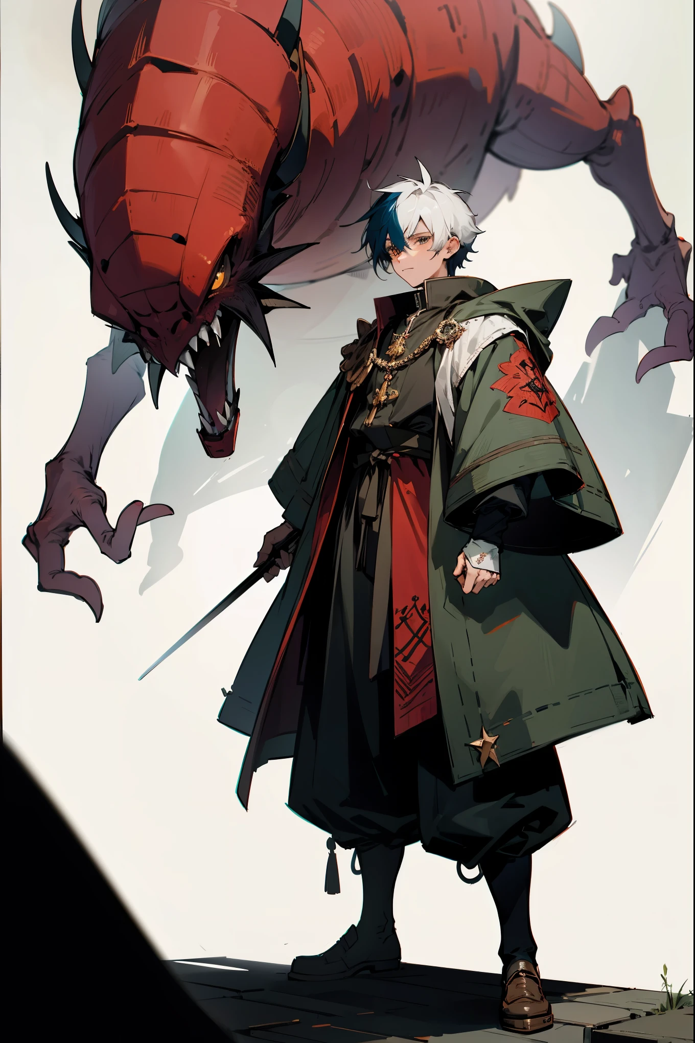 1male, two toned hair, open jacket, baggy pack, overgarment pants, monsterized arms, monster arms, black eyes, old medieval clothing, guild hall background, detailed background, standing on path