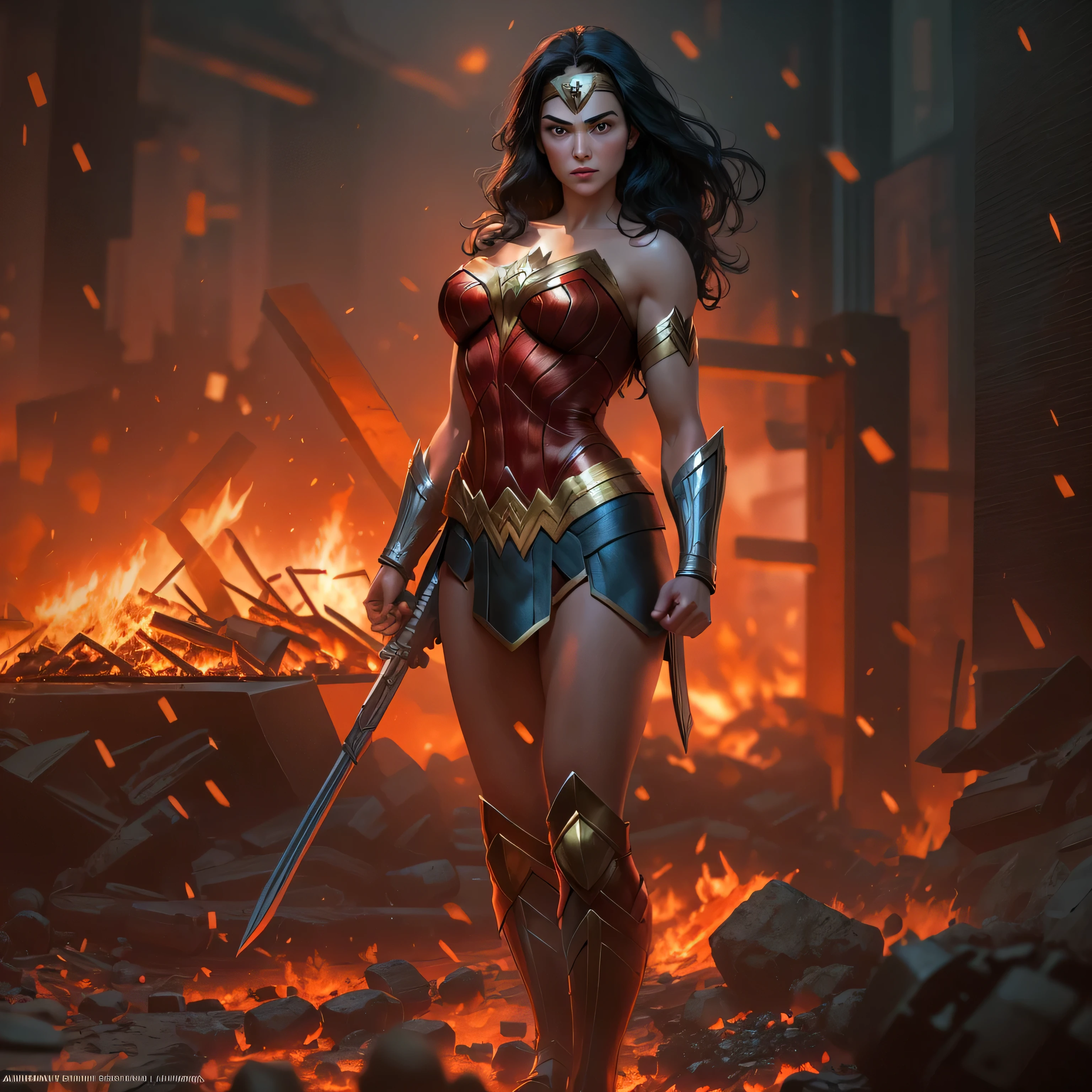 Wonder Woman in dark knight costume in front of a fire, epic anime art, artgerm craig mullins, anime concept hdr anime macmanus, jin - roh, by Arthur Pan, antoine collignon, by Yang J, with bright red eyes, style of raymond swanland, artgerm and craig mullins, red son, dan mumford. 8k octane rendering