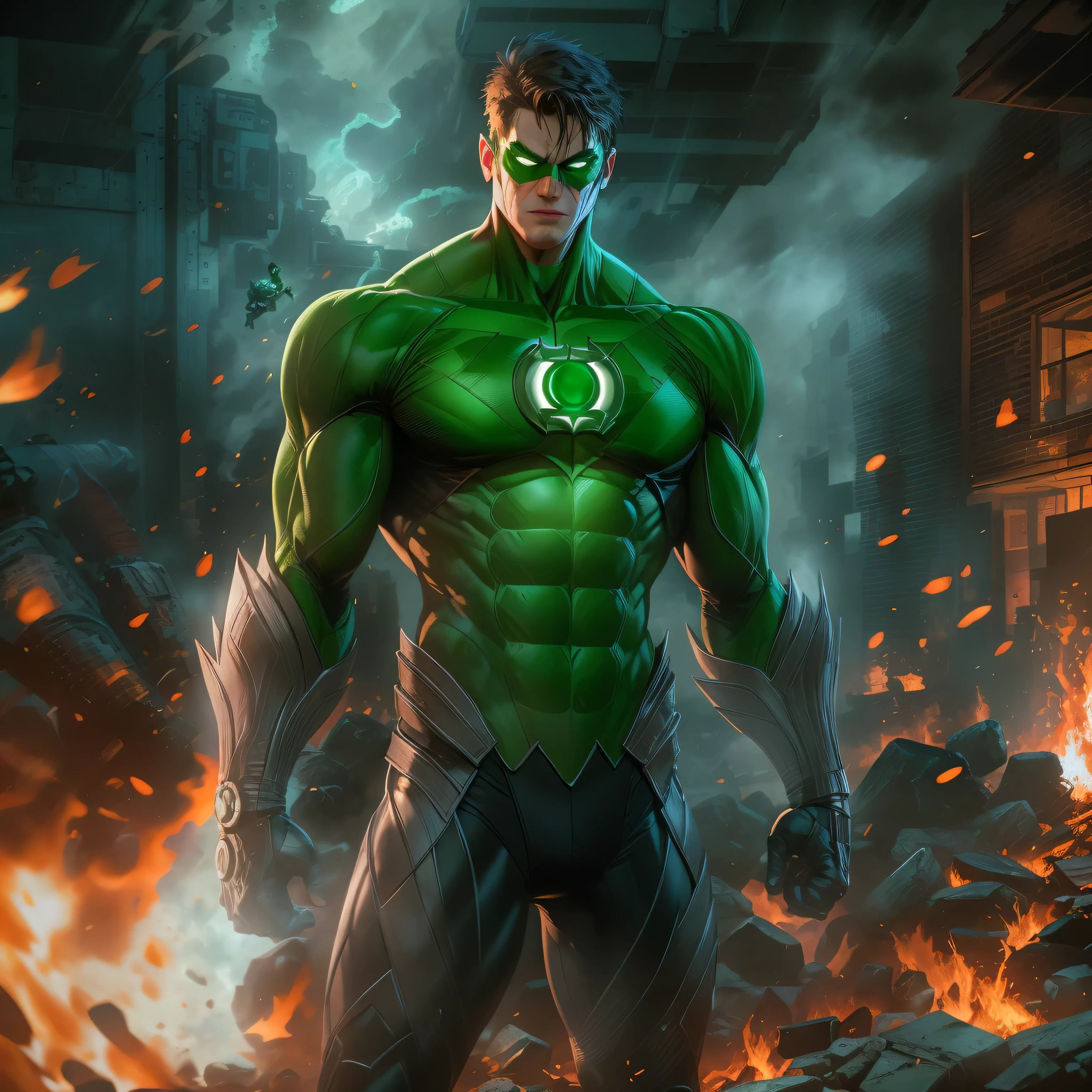 Green Lantern in dark knight costume in front of a fire, epic anime art, artgerm craig mullins, anime concept hdr anime macmanus, jin - roh, by Arthur Pan, antoine collignon, by Yang J, with bright red eyes, style of raymond swanland, artgerm and craig mullins, red son, dan mumford. 8k octane rendering