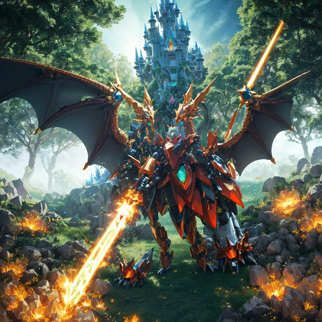 best quality,4k,highres,masterpiece:1.2,ultra-detailed,realistic:A Gundam style robot,rescuing a dragon,evil princess,detailed robot design,detailed dragon scales,vibrant color scheme,action-packed scene,majestic dragon wings,heroic robot stance,robot armor shining in the sunlight,princess with a wicked smile,robot lifting dragon with ease,perfectly flowing dragon fire,battle in a lush forest,mysterious robotic technology,princess with intricate gown flowing in the wind,surrounding trees filled with life,emerging sunlight through the trees,dragon with fierce expression,robot with powerful laser beams,evil princess casting dark magic,dragon released from captivity,robot with glowing LED eyes,dragon scales sparkling,princess surrounded by a dark aura,long robotic arms with precise movements,dragon tail whipping through the air,robot with Gundam signature weapons,giant robotic feet creating earth-shattering impacts,detailed princess tiara shining,dramatic shadows and lighting effects,robot saving the day with determination,princess with a crown adorned with gems,dragon with majestic horns and spines,robot with jet thrusters propelling it forward,vivid colors highlighting the scene,magical sparkles surrounding the princess and the dragon,robot smashing through obstacles with ease,detailed robot cockpit showcasing advanced technology,dragon breathing fire in defiance,princess casting spells with gestures,robot's metallic armor reflecting its surroundings,dragon's scales with intricate patterns,detailed portrayal of emotions on the characters' faces,princess with flowing hair and a wicked grin,robotic fingers delicately carrying the dragon,princess's evil castle in the background,dragon with graceful movements,robot with imposing presence.