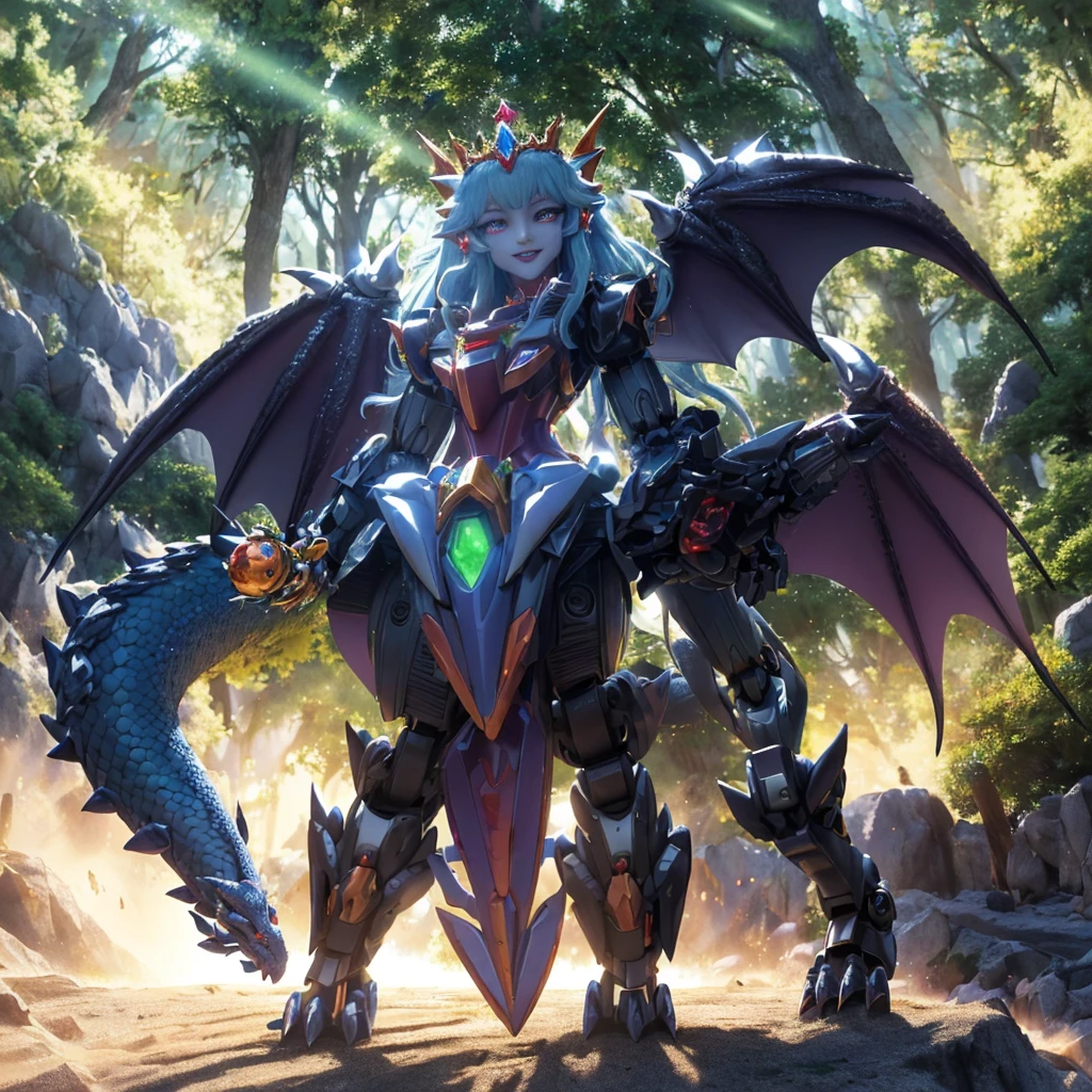 best quality,4k,highres,masterpiece:1.2,ultra-detailed,realistic:A Gundam style robot,rescuing a dragon,evil princess,detailed robot design,detailed dragon scales,vibrant color scheme,action-packed scene,majestic dragon wings,heroic robot stance,robot armor shining in the sunlight,princess with a wicked smile,robot lifting dragon with ease,perfectly flowing dragon fire,battle in a lush forest,mysterious robotic technology,princess with intricate gown flowing in the wind,surrounding trees filled with life,emerging sunlight through the trees,dragon with fierce expression,robot with powerful laser beams,evil princess casting dark magic,dragon released from captivity,robot with glowing LED eyes,dragon scales sparkling,princess surrounded by a dark aura,long robotic arms with precise movements,dragon tail whipping through the air,robot with Gundam signature weapons,giant robotic feet creating earth-shattering impacts,detailed princess tiara shining,dramatic shadows and lighting effects,robot saving the day with determination,princess with a crown adorned with gems,dragon with majestic horns and spines,robot with jet thrusters propelling it forward,vivid colors highlighting the scene,magical sparkles surrounding the princess and the dragon,robot smashing through obstacles with ease,detailed robot cockpit showcasing advanced technology,dragon breathing fire in defiance,princess casting spells with gestures,robot's metallic armor reflecting its surroundings,dragon's scales with intricate patterns,detailed portrayal of emotions on the characters' faces,princess with flowing hair and a wicked grin,robotic fingers delicately carrying the dragon,princess's evil castle in the background,dragon with graceful movements,robot with imposing presence.