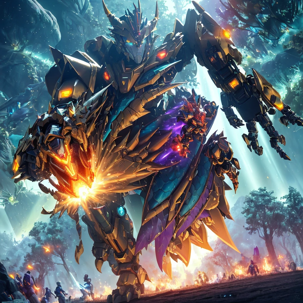 best quality,4k,highres,masterpiece:1.2,ultra-detailed,realistic:A Gundam style robot,rescuing a dragon,evil princess,detailed robot design,detailed dragon scales,vibrant color scheme,action-packed scene,majestic dragon wings,heroic robot stance,robot armor shining in the sunlight,princess with a wicked smile,robot lifting dragon with ease,perfectly flowing dragon fire,battle in a lush forest,mysterious robotic technology,princess with intricate gown flowing in the wind,surrounding trees filled with life,emerging sunlight through the trees,dragon with fierce expression,robot with powerful laser beams,evil princess casting dark magic,dragon released from captivity,robot with glowing LED eyes,dragon scales sparkling,princess surrounded by a dark aura,long robotic arms with precise movements,dragon tail whipping through the air,robot with Gundam signature weapons,giant robotic feet creating earth-shattering impacts,detailed princess tiara shining,dramatic shadows and lighting effects,robot saving the day with determination,princess with a crown adorned with gems,dragon with majestic horns and spines,robot with jet thrusters propelling it forward,vivid colors highlighting the scene,magical sparkles surrounding the princess and the dragon,robot smashing through obstacles with ease,detailed robot cockpit showcasing advanced technology,dragon breathing fire in defiance,princess casting spells with gestures,robot's metallic armor reflecting its surroundings,dragon's scales with intricate patterns,detailed portrayal of emotions on the characters' faces,princess with flowing hair and a wicked grin,robotic fingers delicately carrying the dragon,princess's evil castle in the background,dragon with graceful movements,robot with imposing presence.
