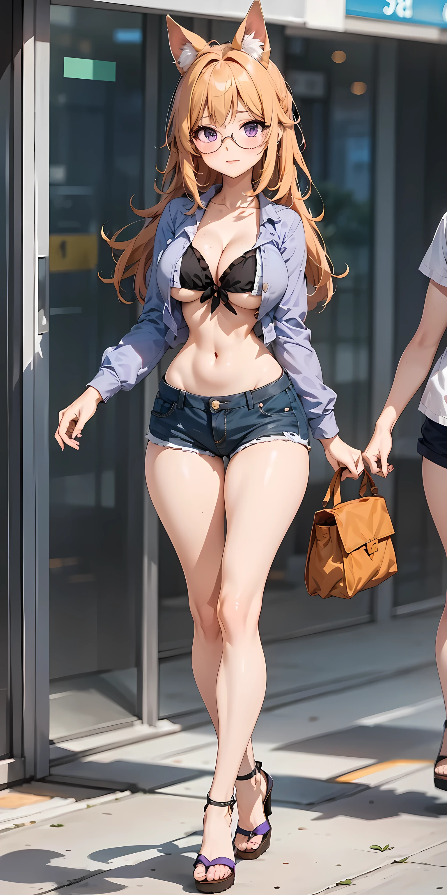 {{best quality}}, {{masterpiece}}, {{ultra-detailed}}, {illustration}, {detailed light}, {an extremely delicate and beautiful}, a girl, {beautiful detailed eyes}, purple eyes, blonde hair, stars in the eyes, messy floating hair, colored purple inner hair, Starry sky adorns hair, depth of field, beautiful, skinny, thin, long legs, cute legs, muscles, perfect body, perfect hands, glasses, sexy, (((purple eyes))), fox ears, fox tail, animal ears, muscles, hourglass_figure, Brown airforce jacket, short jeans, short shorts, full body, full_body, (((glasses))), white bikini, sandals, brown jacket, very skinny girl, skinny girl, beefcake, standing, walking down the steet, high heels, tall girl, 21 years old, anime, super model, wind blowing through her messy blonde hair. open shirt, big breasts, big , underboob, cleavage, brown jacket, photoshoot, night, long blonde hair, (long hair), (purple eyes), skinny girl,