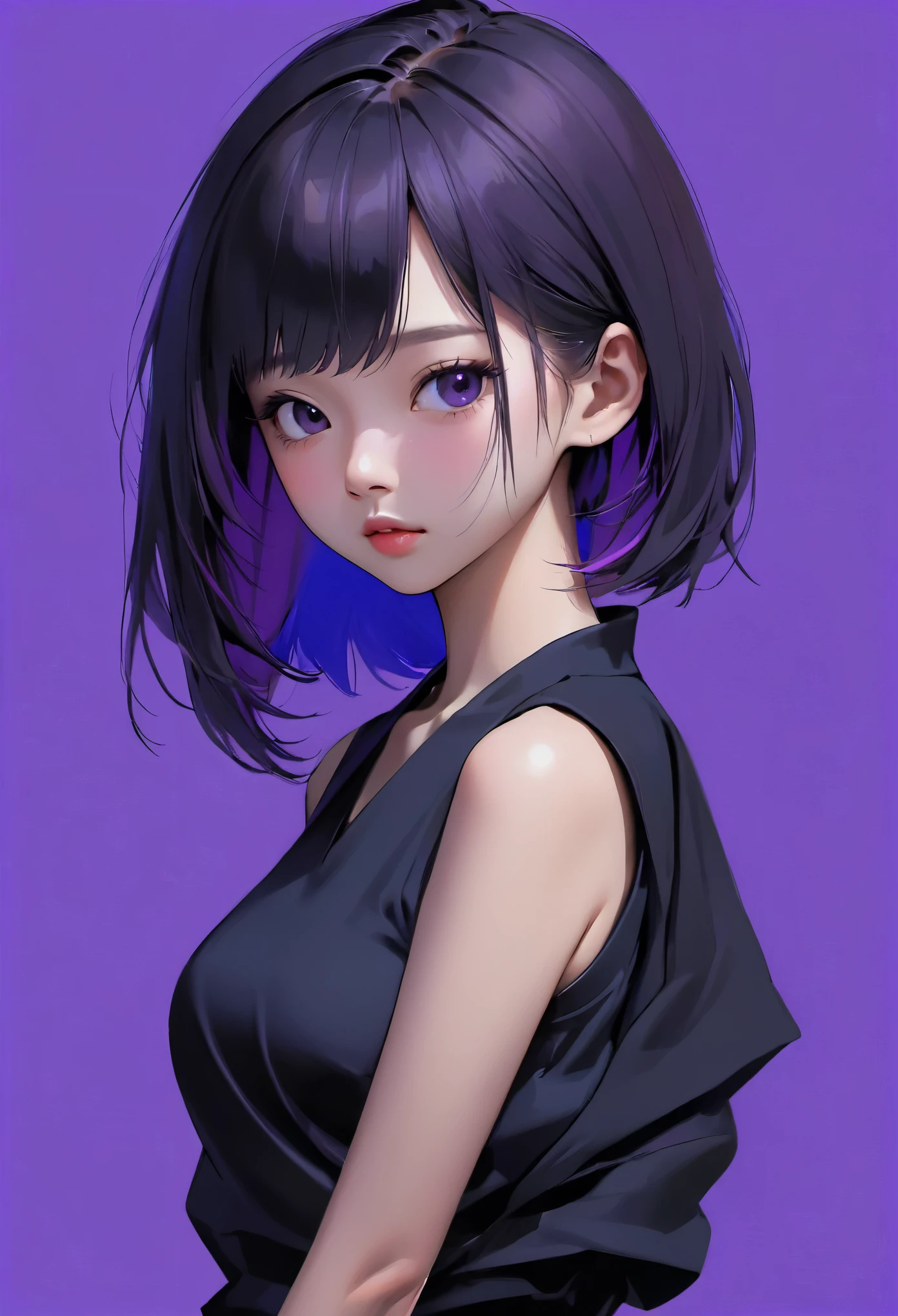 Asian model, purple and blue background, black clothes