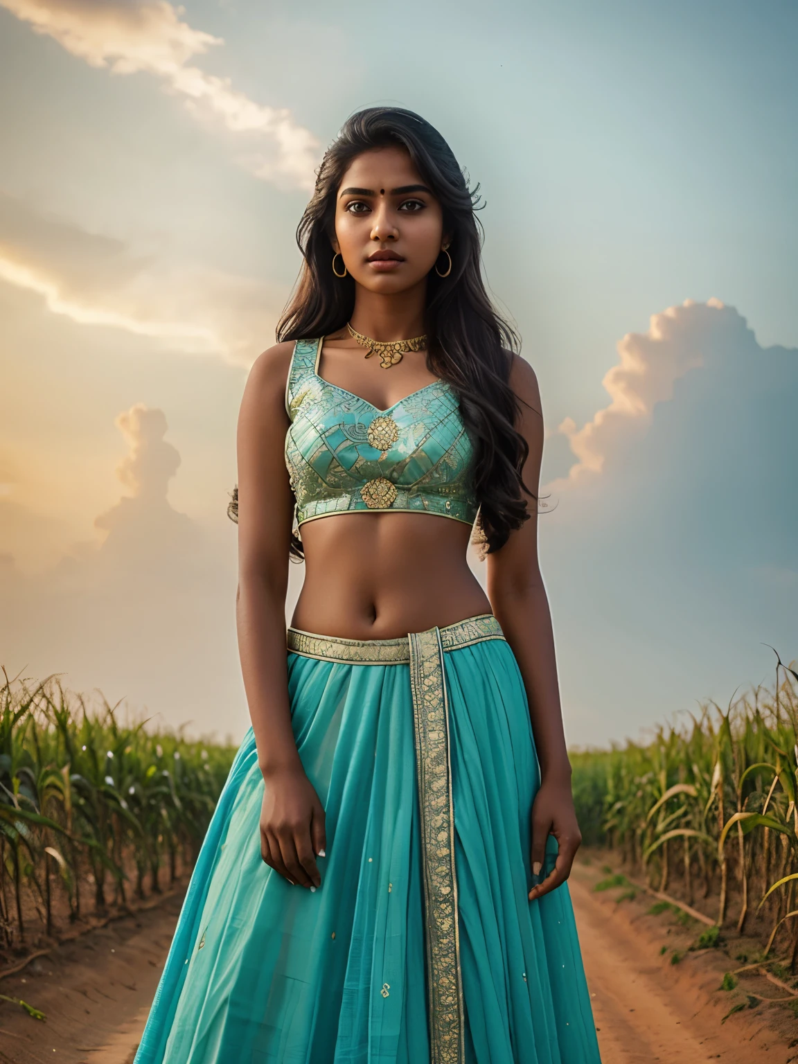 20 year old Tamil girl, inside sugarcane field, evening sky, bossy sassy photoshoot, (wearing expensive sleeveless choli, long skirt), (intricate detailing of face eyes nose mouth full lips & body parts), textured skin, eyes symmetry, face symmetry, 256K, HDR, hyper realistic, intricate detailing, yotta-pixel image, yocto-pixel detailing
