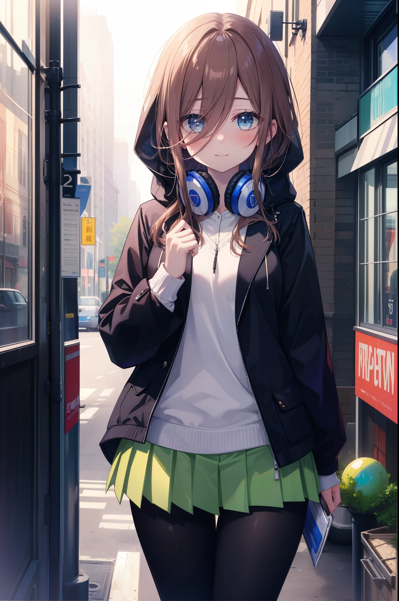 miku nakano, Nakano Miku Ticket III, long hair, bangs, blue eyes, brown hair, hair between eyes, blush,smile,Headphones around the neck1:1,blue hoodie,wearing a hood,Green pleated skirt,gray pantyhose,short boots,I put my hand in my hoodie pocket.,sunrise,morning,morning日,blow bubble gum, ピンクの風船ガム
break outdoors, city,building street,
break looking at viewer, (cowboy shot:1.5), 
break (masterpiece:1.2), highest quality, High resolution, unity 8k wallpaper, (shape:0.8), (fine and beautiful eyes:1.6), highly detailed face, perfect lighting, Very detailed CG, (perfect hands, perfect anatomy),