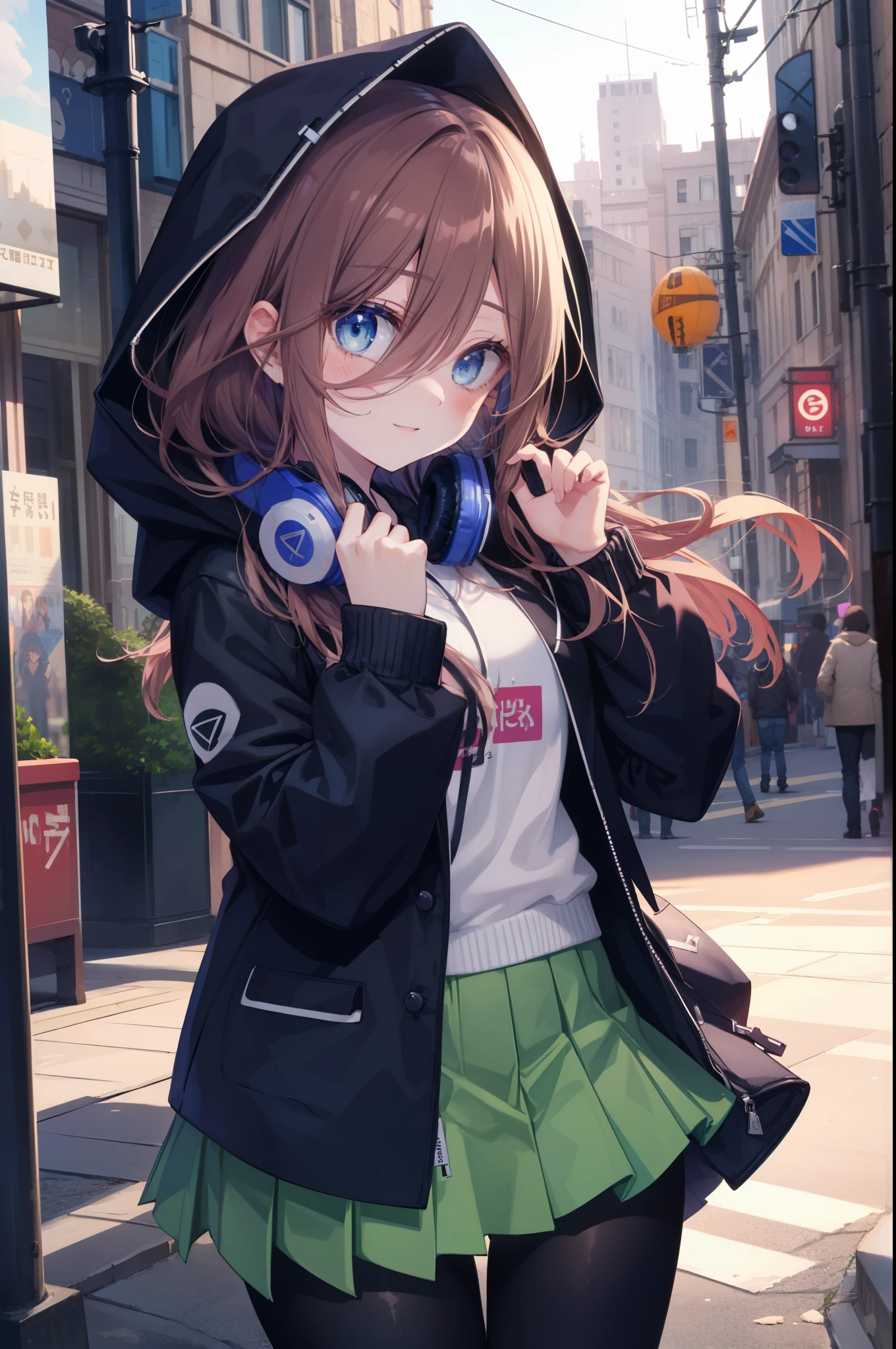 miku nakano, Nakano Miku Ticket III, long hair, bangs, blue eyes, brown hair, hair between eyes, blush,smile,Headphones around the neck1:1,blue hoodie,wearing a hood,Green pleated skirt,gray pantyhose,short boots,I put my hand in my hoodie pocket.,sunrise,morning,morning日,blow bubble gum, ピンクの風船ガム
break outdoors, city,building street,
break looking at viewer, (cowboy shot:1.5), 
break (masterpiece:1.2), highest quality, High resolution, unity 8k wallpaper, (shape:0.8), (fine and beautiful eyes:1.6), highly detailed face, perfect lighting, Very detailed CG, (perfect hands, perfect anatomy),
