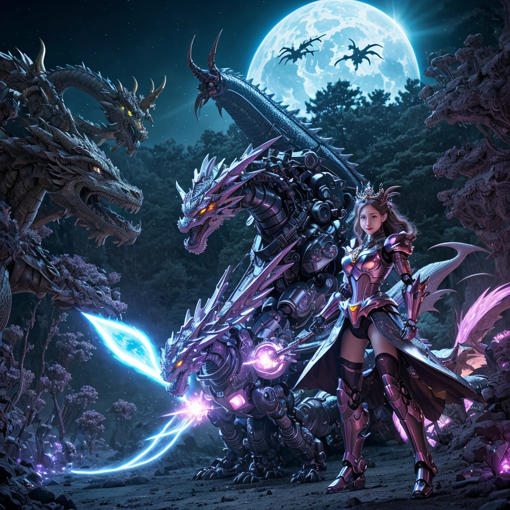 best quality,4k,highres,masterpiece:1.2,ultra-detailed,realistic:A Gundam style robot,rescuing a dragon,evil princess (Brea Larson),detailed robot design,detailed dragon scales,vibrant color scheme,action-packed scene,majestic dragon wings,heroic robot stance,robot armor shining in the sunlight,princess with a wicked smile,robot lifting dragon with ease,perfectly flowing dragon fire,battle in a lush forest,mysterious robotic technology,princess with intricate gown flowing in the wind,surrounding trees filled with life,emerging sunlight through the trees,dragon with fierce expression,robot with powerful laser beams,evil princess casting dark magic,dragon released from captivity,robot with glowing LED eyes,dragon scales sparkling,princess surrounded by a dark aura,long robotic arms with precise movements,dragon tail whipping through the air,robot with Gundam signature weapons,giant robotic feet creating earth-shattering impacts,detailed princess tiara shining,dramatic shadows and lighting effects,robot saving the day with determination,princess with a crown adorned with gems,dragon with majestic horns and spines,robot with jet thrusters propelling it forward,vivid colors highlighting the scene,magical sparkles surrounding the princess and the dragon,robot smashing through obstacles with ease,detailed robot cockpit showcasing advanced technology,dragon breathing fire in defiance,princess casting spells with gestures,robot's metallic armor reflecting its surroundings,dragon's scales with intricate patterns,detailed portrayal of emotions on the characters' faces,princess with flowing hair and a wicked grin,robotic fingers delicately carrying the dragon,princess's evil castle in the background,dragon with graceful movements,robot with imposing presence.

