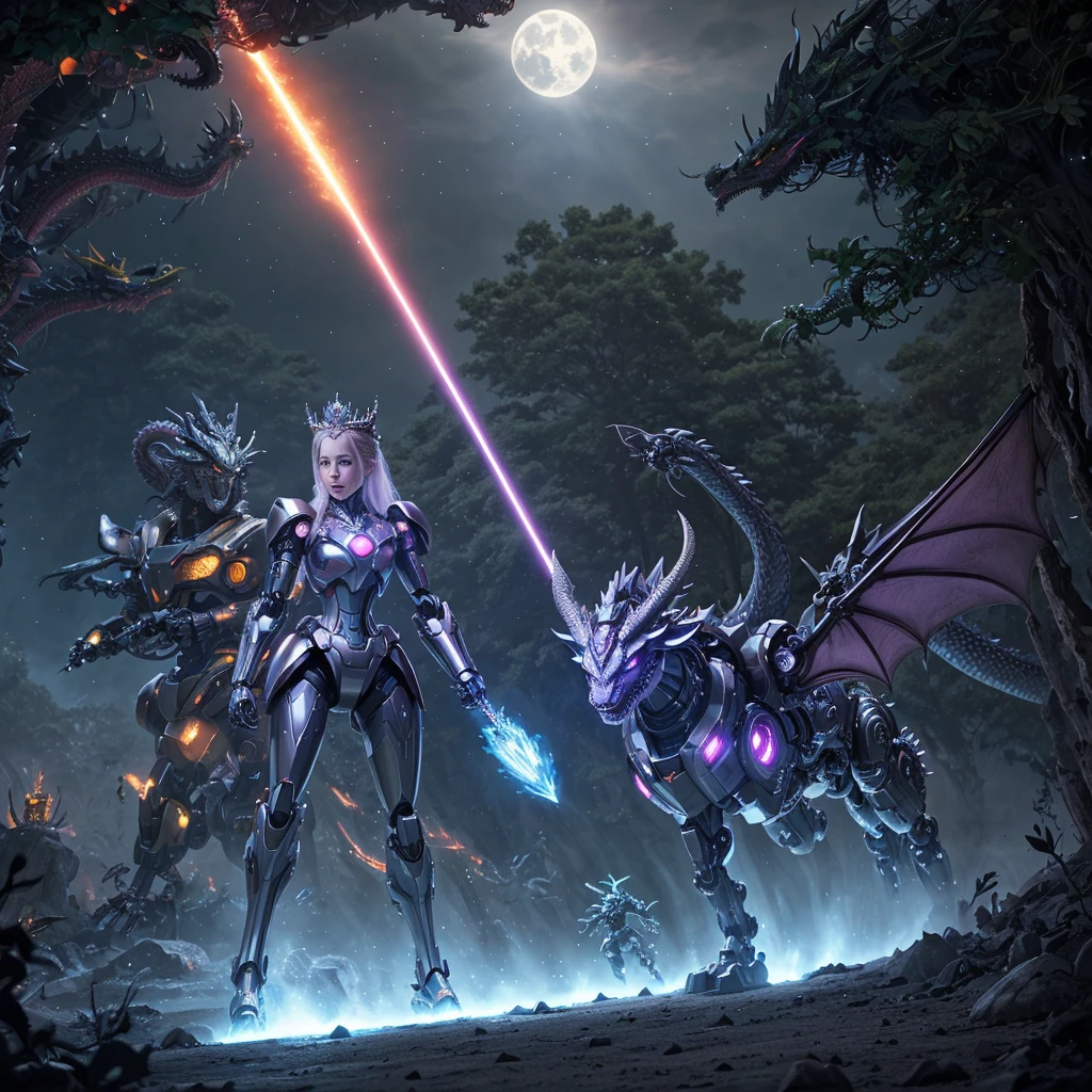 best quality,4k,highres,masterpiece:1.2,ultra-detailed,realistic:A Gundam style robot,rescuing a dragon,evil princess (Brea Larson),detailed robot design,detailed dragon scales,vibrant color scheme,action-packed scene,majestic dragon wings,heroic robot stance,robot armor shining in the sunlight,princess with a wicked smile,robot lifting dragon with ease,perfectly flowing dragon fire,battle in a lush forest,mysterious robotic technology,princess with intricate gown flowing in the wind,surrounding trees filled with life,emerging sunlight through the trees,dragon with fierce expression,robot with powerful laser beams,evil princess casting dark magic,dragon released from captivity,robot with glowing LED eyes,dragon scales sparkling,princess surrounded by a dark aura,long robotic arms with precise movements,dragon tail whipping through the air,robot with Gundam signature weapons,giant robotic feet creating earth-shattering impacts,detailed princess tiara shining,dramatic shadows and lighting effects,robot saving the day with determination,princess with a crown adorned with gems,dragon with majestic horns and spines,robot with jet thrusters propelling it forward,vivid colors highlighting the scene,magical sparkles surrounding the princess and the dragon,robot smashing through obstacles with ease,detailed robot cockpit showcasing advanced technology,dragon breathing fire in defiance,princess casting spells with gestures,robot's metallic armor reflecting its surroundings,dragon's scales with intricate patterns,detailed portrayal of emotions on the characters' faces,princess with flowing hair and a wicked grin,robotic fingers delicately carrying the dragon,princess's evil castle in the background,dragon with graceful movements,robot with imposing presence.