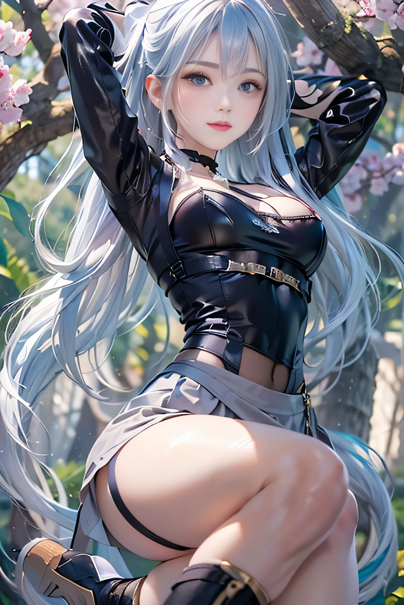 (photorealistic:1.8, highest quality:1.8,8K masterpiece:1.8,High resolution,muste piece:1.8,RAW Photos,cinematic lighting,red and purple dream colors),one goddess、(Completely naked、Star Pasties、front pasting、choker、knee high stockings、loafer shoes、Cleavage cut,Pasties),(beautiful detailed blue eyes:1.7,double eyelid:1.6,Beautiful skin with glowing details:1.2), (looking at the camera:1.5),(small face、whole body,Photo seen from below:1.5),( midium Hair:1.2、Beautiful shining blue and white hair:1.5), expression(Impish Smile:1.3,face turns red:1.3),(Moderate chest:1.3), Pause(stand with legs apart,Seductive pose:1.5), background(Bright forest with blooming flowers),Nipples are visible through the costume、(detailed perfect face),anatomically correct,correct move:1.5,correct foot:1.5,4 fingers and 1 thumb in correct proportions,(cameltoe),No split screen,slender abs:1.2,(Young sensual gravure idol)