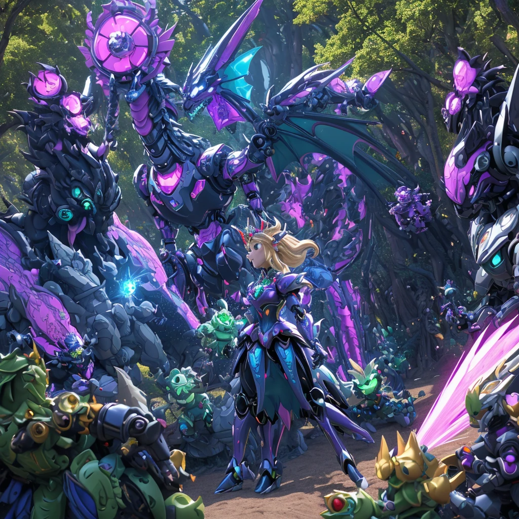 best quality,4k,highres,masterpiece:1.2,ultra-detailed,realistic:A Gundam style robot,rescuing a dragon,evil princess (Brea Larson),detailed robot design,detailed dragon scales,vibrant color scheme,action-packed scene,majestic dragon wings,heroic robot stance,robot armor shining in the sunlight,princess with a wicked smile,robot lifting dragon with ease,perfectly flowing dragon fire,battle in a lush forest,mysterious robotic technology,princess with intricate gown flowing in the wind,surrounding trees filled with life,emerging sunlight through the trees,dragon with fierce expression,robot with powerful laser beams,evil princess casting dark magic,dragon released from captivity,robot with glowing LED eyes,dragon scales sparkling,princess surrounded by a dark aura,long robotic arms with precise movements,dragon tail whipping through the air,robot with Gundam signature weapons,giant robotic feet creating earth-shattering impacts,detailed princess tiara shining,dramatic shadows and lighting effects,robot saving the day with determination,princess with a crown adorned with gems,dragon with majestic horns and spines,robot with jet thrusters propelling it forward,vivid colors highlighting the scene,magical sparkles surrounding the princess and the dragon,robot smashing through obstacles with ease,detailed robot cockpit showcasing advanced technology,dragon breathing fire in defiance,princess casting spells with gestures,robot's metallic armor reflecting its surroundings,dragon's scales with intricate patterns,detailed portrayal of emotions on the characters' faces,princess with flowing hair and a wicked grin,robotic fingers delicately carrying the dragon,princess's evil castle in the background,dragon with graceful movements,robot with imposing presence.