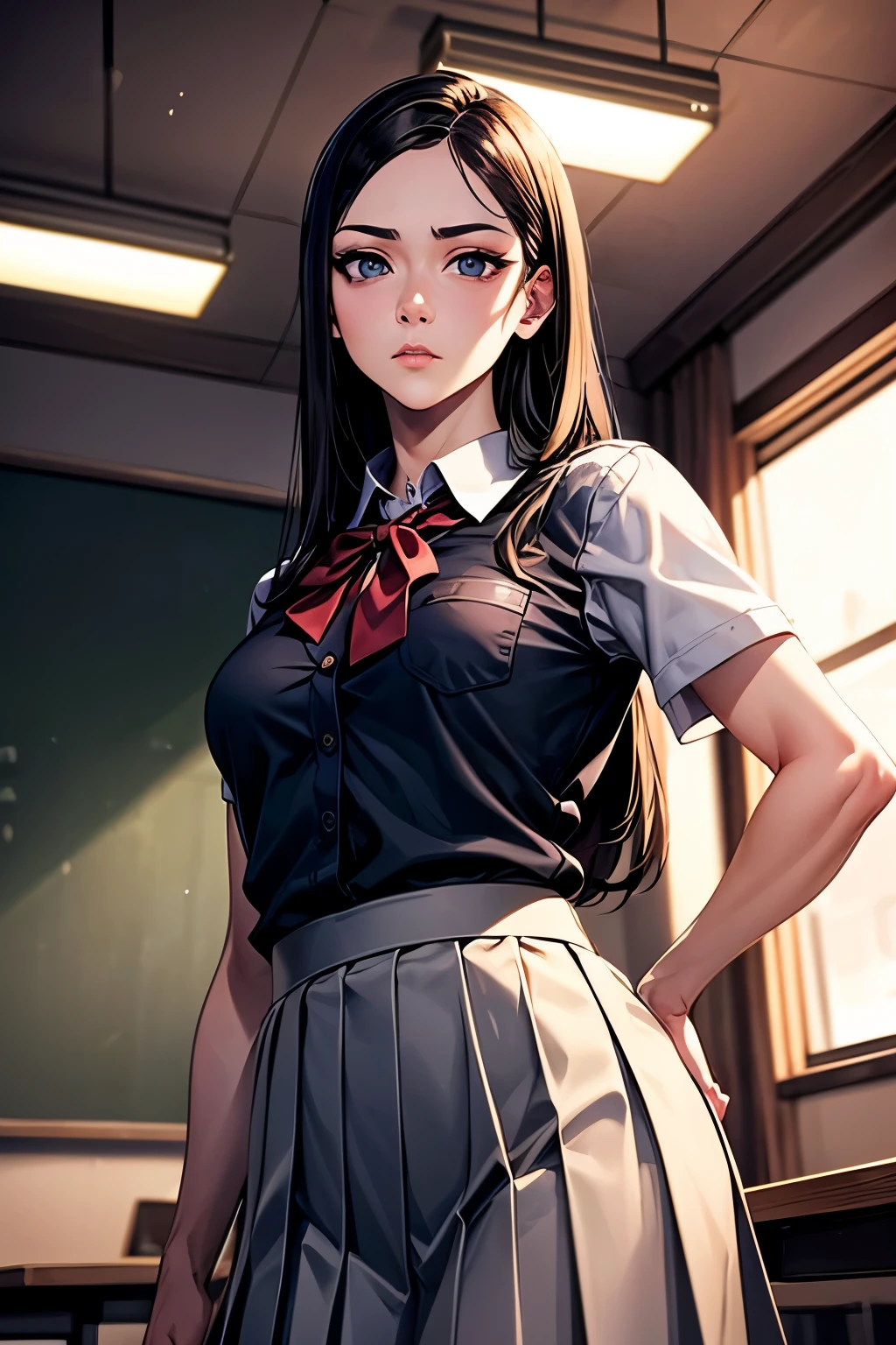 (4k,8k,best quality, masterpiece:1.2), ultra-detailed, realistic, perfect face, perfect nose, detailed hair, detailed eyes, detailed lips, (((cowboy shot))), realistic colors, studio lightning, small mouth, looking at viewer, glare, disdain, mature woman, oze maki, school uniform, pleated skirt, classroom, upper body, looking at viewer, medium breasts, from below, muscular