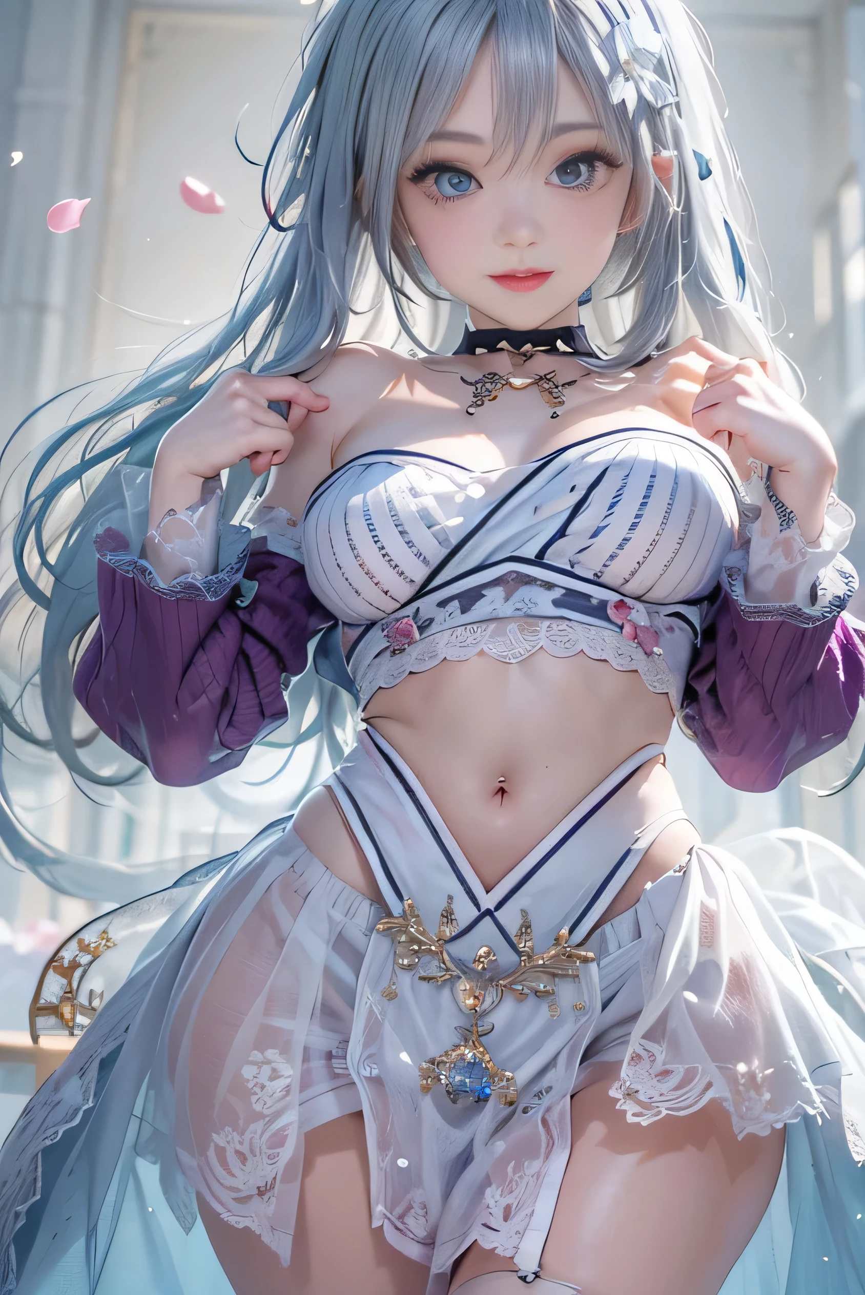 (photorealistic:1.8, highest quality:1.8,8K masterpiece:1.8,High resolution,muste piece:1.8,RAW Photos,cinematic lighting,red and purple dream colors),one goddess、(Completely naked、Pasties、choker、knee high stockings、loafer shoes),(beautiful detailed blue eyes:1.7,double eyelid:1.6,Beautiful skin with glowing details:1.2), (looking at the camera:1.5),(small face、whole body,Photo seen from below:1.5),( midium Hair:1.2、Beautiful shining blue and white hair:1.5), expression(Impish Smile:1.3,face turns red:1.3),(Moderate chest:1.3), Pause(stand with legs apart,Seductive pose:1.5), background(Bright forest with blooming flowers),Nipples are visible through the costume、(detailed perfect face),anatomically correct,correct move:1.5,correct foot:1.5,4 fingers and 1 thumb in correct proportions,(cameltoe),No split screen,slender abs:1.2,(Young sensual gravure idol)