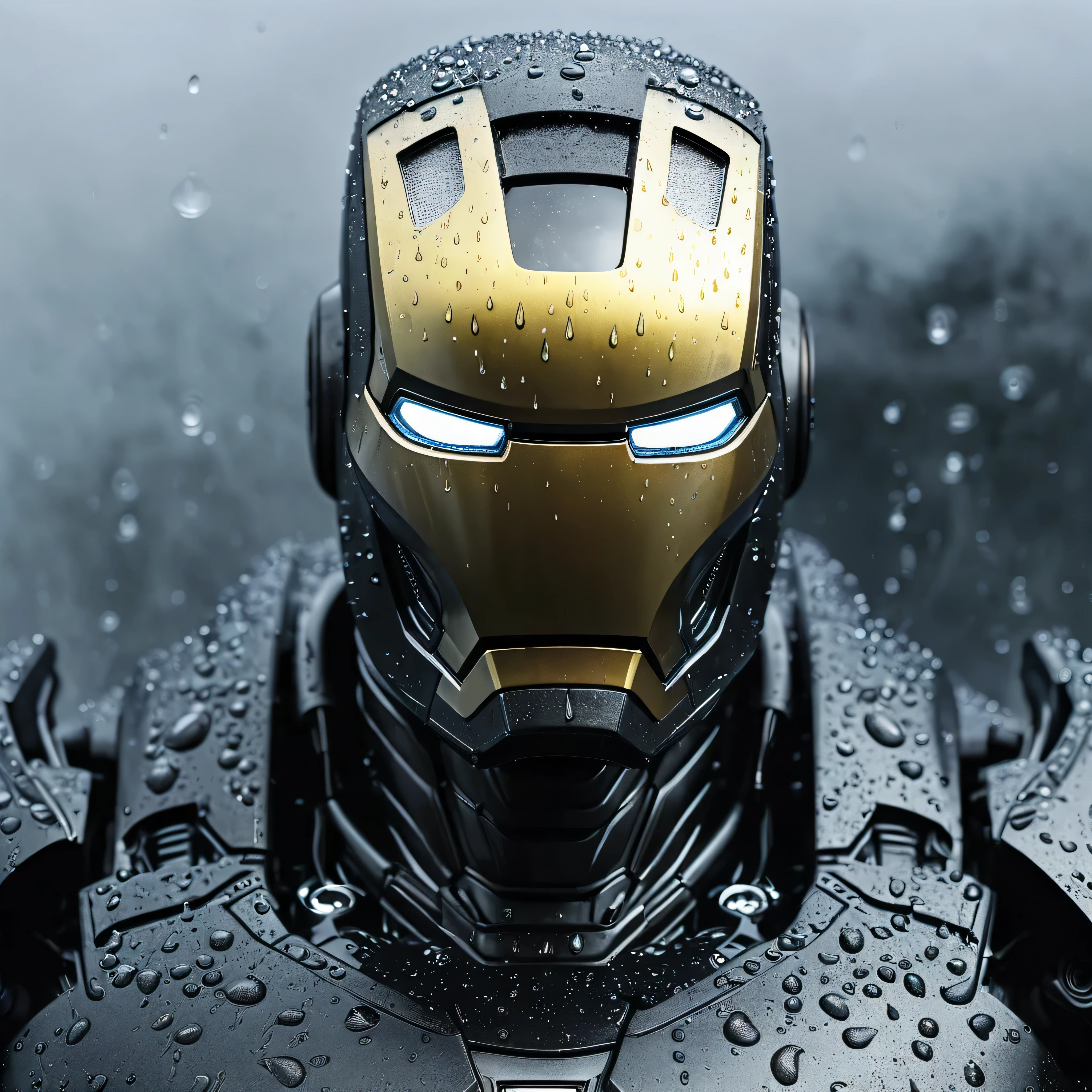 dope design of evil iron man suite, blacke matte color, alien technology attached, closeup shot, hyperrealistic, water droplet on armor, vapor, extremly close shot, intricate details, visible vapor and fog on armor, very high quality metal