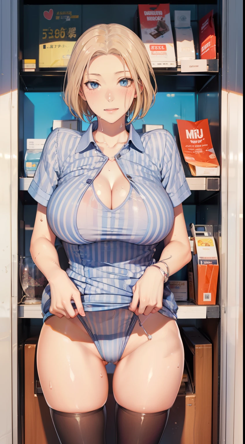(detailed, masterpiece, best quality, intricate),(nsfw),
Cowboy shot, tachibana kyoka,
Large breast, cleavage,
1 girl, solo, in a convenience store,
pretty eyes, beautiful face, perfect round ass, erect nipple,
fit and body, highlegs, female pervert,
(a illustration of a girl in bold blue striped shirts, bottomless),bare breasts,Break,,
black high-heels, thighhighs, black_legwear,
, solo, pale skin,
Blue eyes, ((beautiful milf)),
no_bar,
seductive smile, naughty face, Sweat, steam, embarrassed, blush, aroused, (spoken heart),
Standing, best sexual pose, covering crotch,
(in a convenience store), near the coast, (window, sea, sky, cloud, day), summer, indoor, perspective, bright lighting, Shelves with many products on display, white wall,