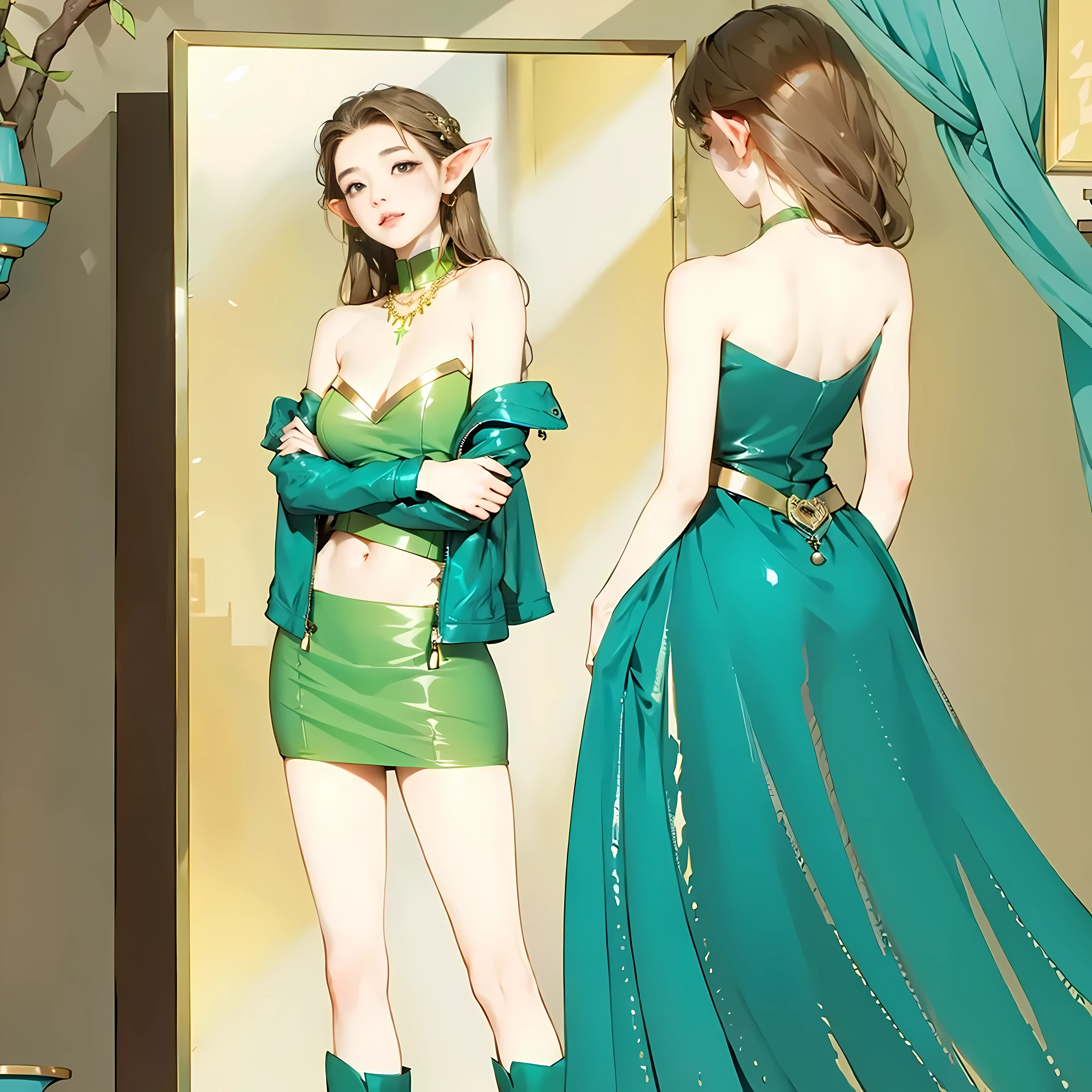 light green necklace,Light green leather jacket and skirt,Gold trim,masterpiece,extremely high detail